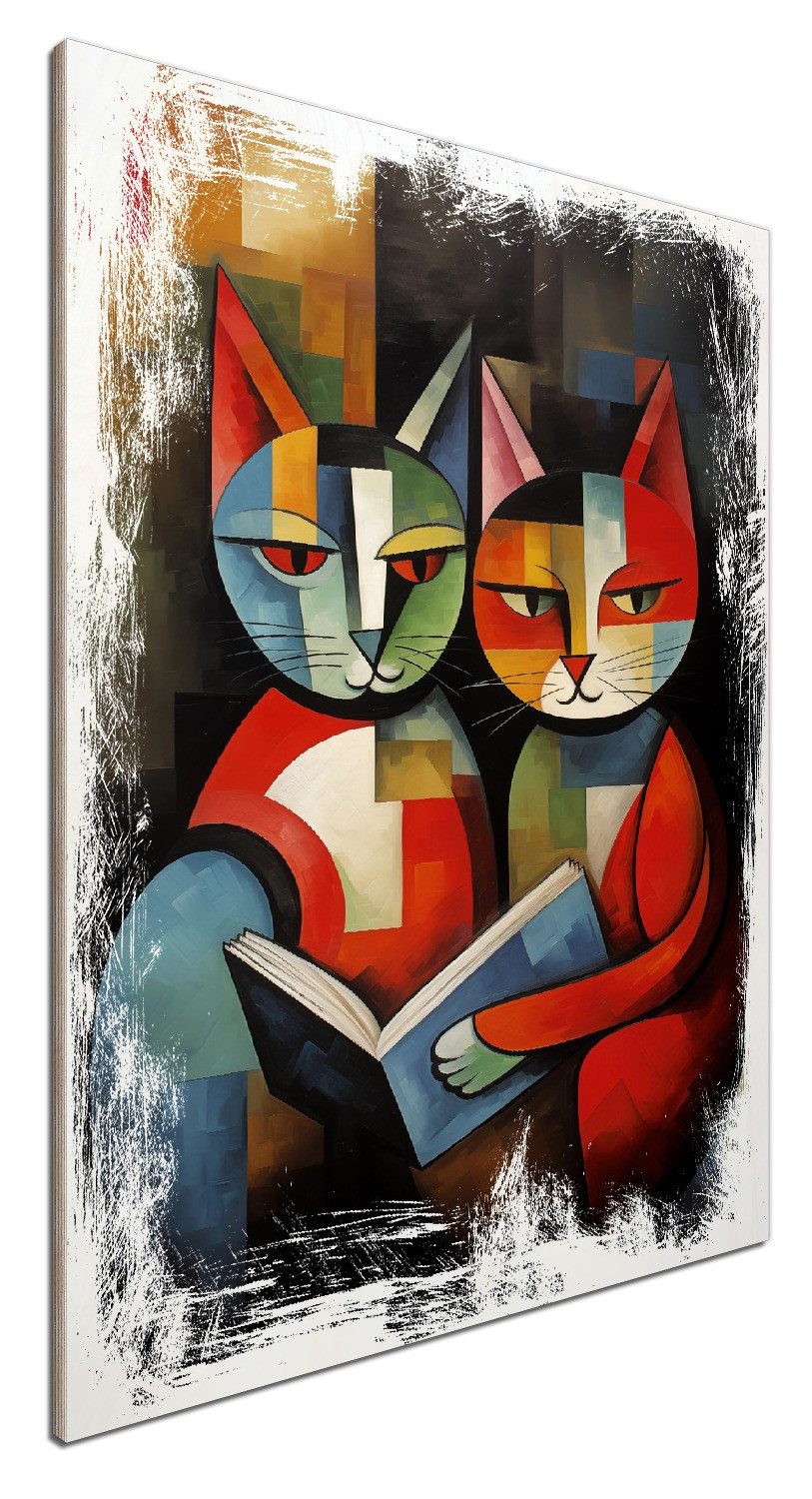 Wallario Holzbild, Lesende Katzen, in verschiedenen günstig online kaufen