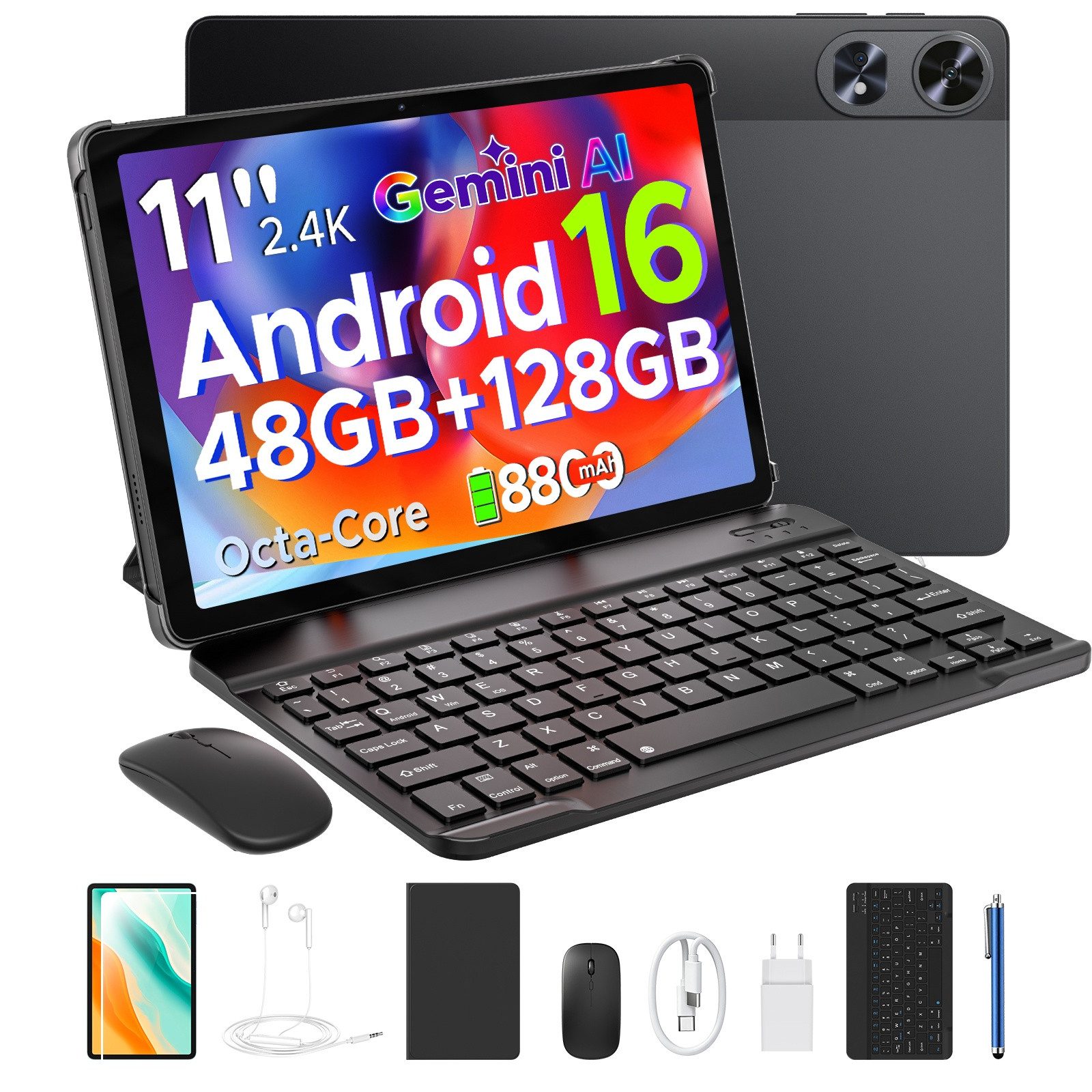 Aorlym P11 Android 16 Tablet mit Tastatur, Stift, Maus, 11 Zoll, 8800mAh Tablet (11", 8 GB, Android 16, Gemini AI, 13 MP, 5G WiFi/Widevine L1/GPS/Face ID/zwei Lautsprecher)