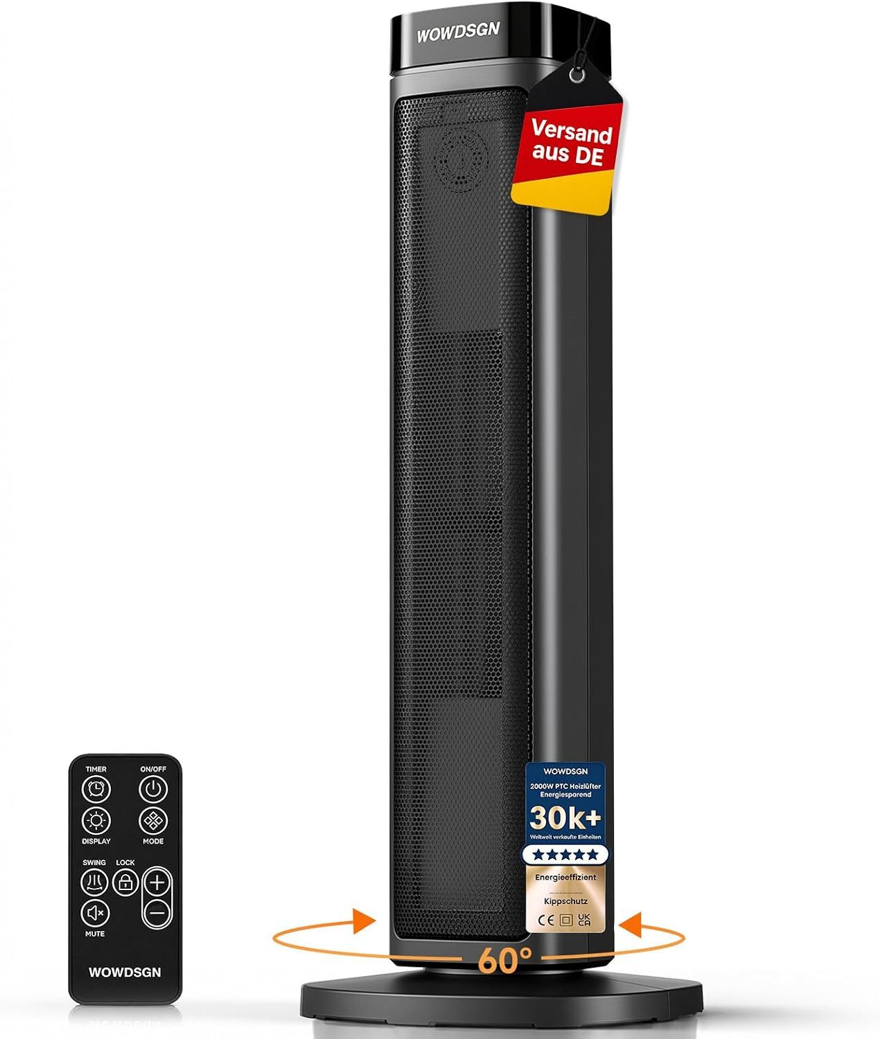 GarveeMore Heizlüfter Turmheizer 2000W, PTC Keramik Heizgerät mit Aufheizen in 2 Sekunden, 2000 W, leise 34 dB, 24H Timer, ECO-Modus, Fernbedienung, Kindersicherung