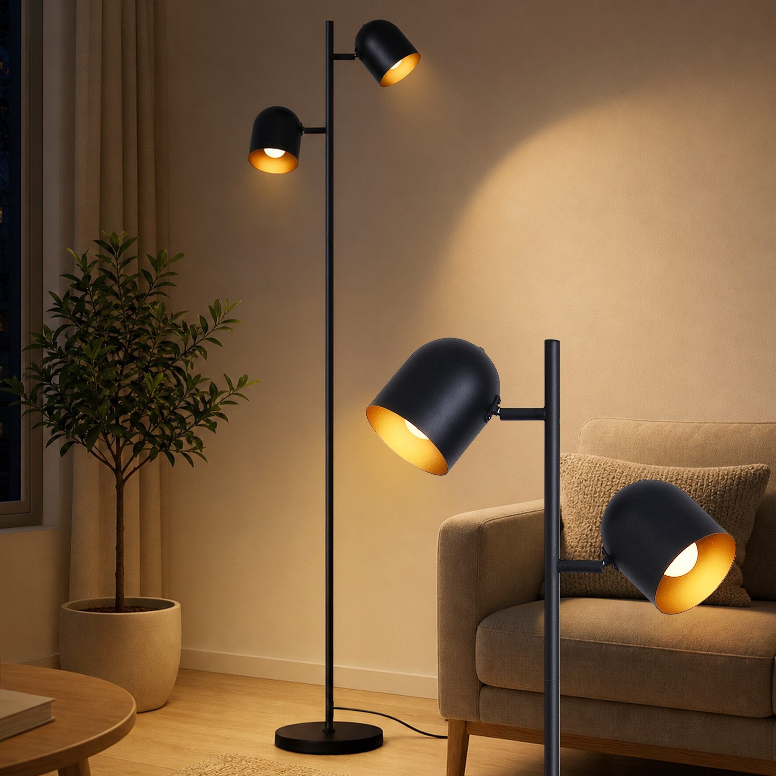 Nettlife Stehlampe Schwarz Wohnzimmer Stehleuchte Vintage Metall 2 Flammig E14 Industrial, Schwenkbar 350°, LED wechselbar, Stehleuchte Leselampe Retro für Schlafzimmer Wohnzimmer