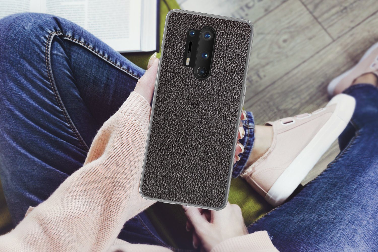 MuchoWow Handyhülle für OnePlus 8 Pro Leder - Lederoptik - Schwarz - Hell, Phone Case, Silikon, Schutzhülle Dünn