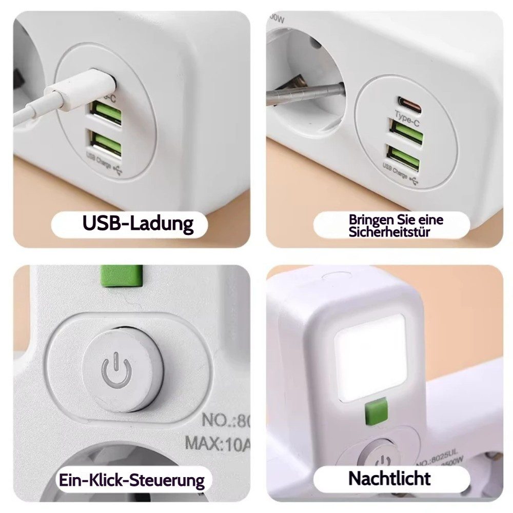 VIVIHEYDAY Kabellose Steckdosenleiste, mit Nachtlicht multifunktionale Mehrfachsteckdose, einzelne Schaltersteuerung, 4 Steckplätze + 1 Type-C + 2 USB-Port