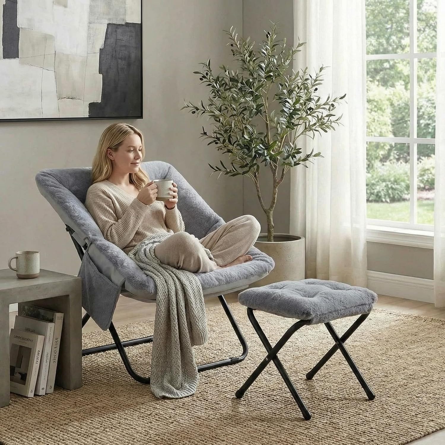 TLGREEN Relaxsessel,klappbarer Lounge-Sessel mit Hocker, (Weicher Kunstfell-Lesesessel, Relaxsessel mit Hocker),Ideal für Wohnzimmer, Schlafzimmer & Spielzimmer