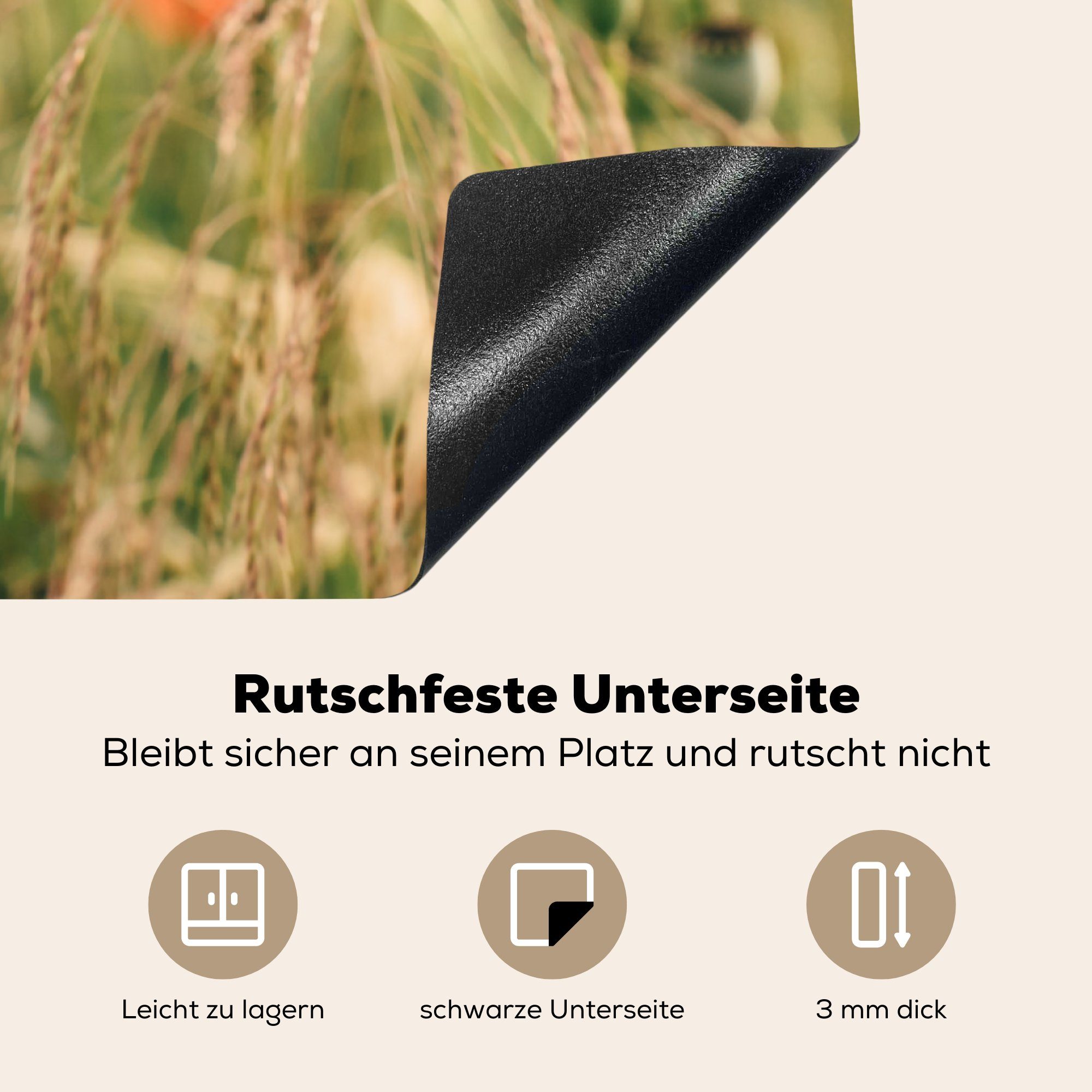 küche tlg), für 78x78 Schilf Blumen Ceranfeldabdeckung, MuchoWow - (1 Herdblende-/Abdeckplatte cm, Natur, - Vinyl, Arbeitsplatte