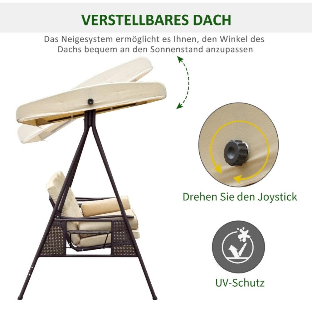 CHICFURN Hollywoodschaukel Gartenschaukel mit Sonnendach und Kissen, Metall & Polyester, 3-Sitzer, Packung, 1 tlg., 3-Sitzer, Beige, 121×208×172 cm