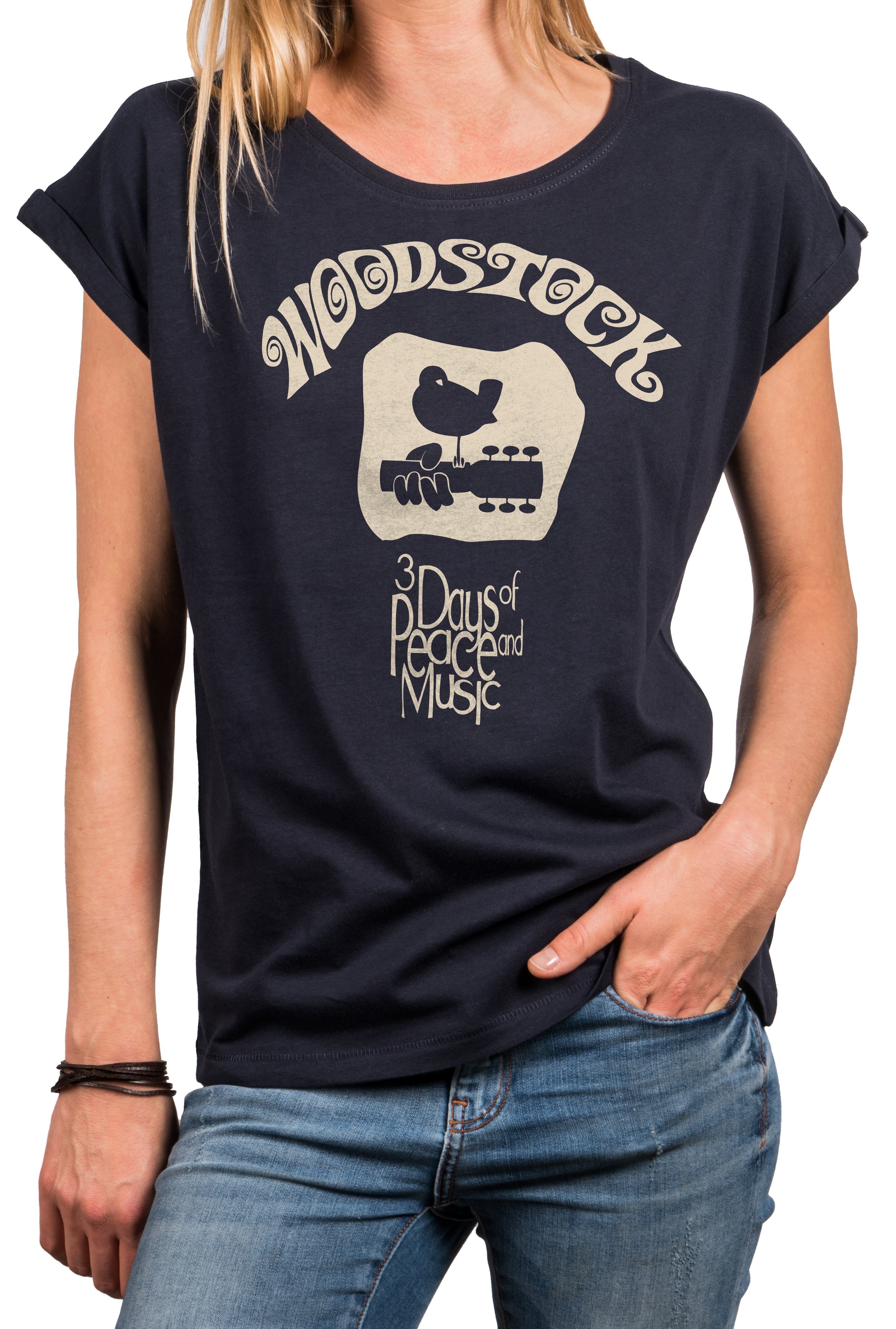 MAKAYA Print-Shirt Damen Oversize Top mit Aufdruck-Woodstock Logo Musik Motiv mit Spruch (Tunika elegant, schwarz, blau, grau) große Größen