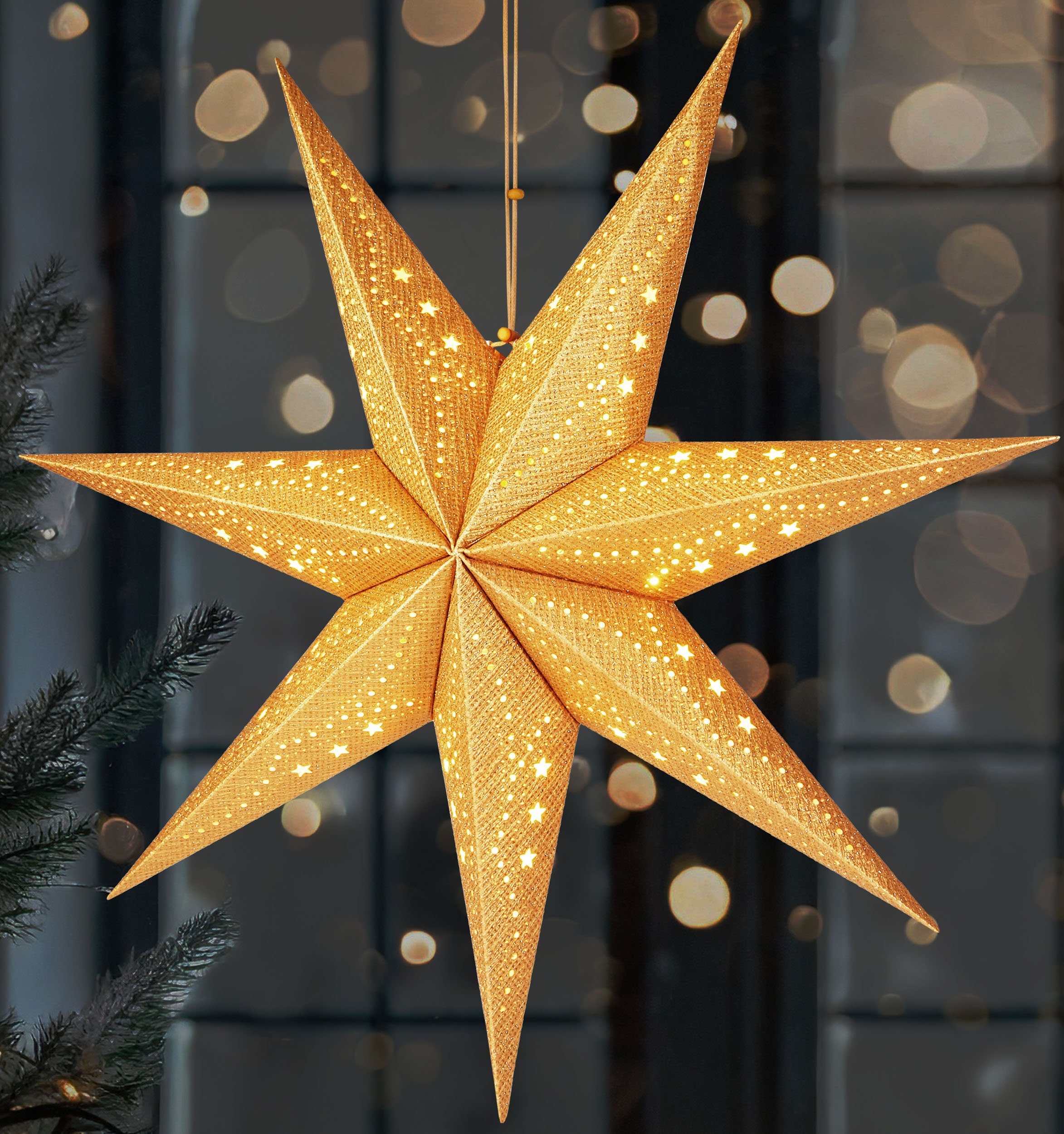 BRUBAKER LED Stern 3D Weihnachtsstern zum Aufhängen - LED Papierstern mit Timer, Batteriebetrieben und Beleuchtet, LED fest integriert, Warmweiß, 60 cm Adventsstern mit modernem Muster - Leuchtstern Deko Weihnachten Gold