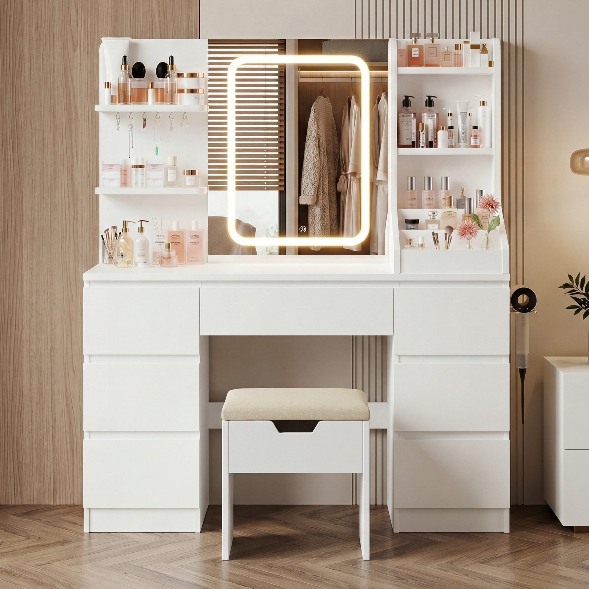 HOMALL Schminktisch Spiegel mit LED-Beleuchtung, 7 Schubladen (Maße: 110 × 40 × 139 cm, drei einstellbare Farbtemperaturen, mit 8 offenen Ablagefächern, 6 Schmu – Bild 3 von 5