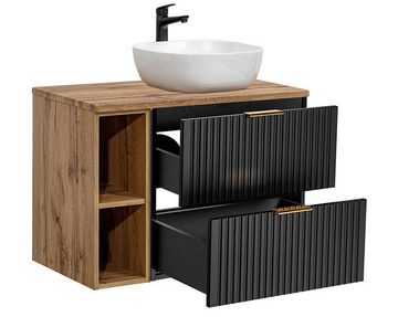 einfachgutemoebel Waschtisch-Set Badezimmer Waschplatz Blackened 80cm, Becken & Regal, schwarz oak, (Badmöbel Set, 1-St., Waschtisch Unterschrank)