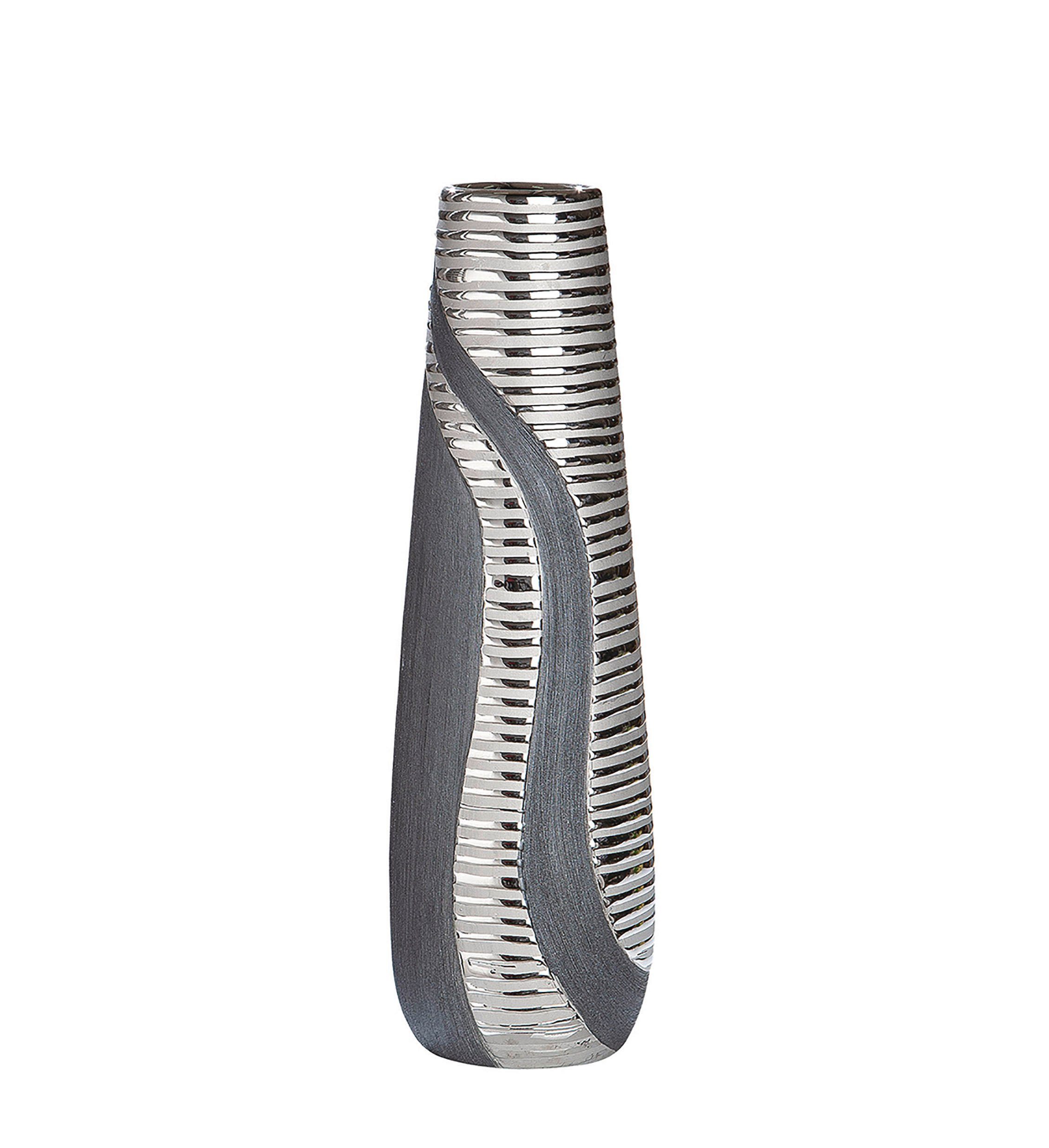 GILDE Dekovase SEVILLA Vase - silber - Keramik - H. 49cm x T. 14cm x B. 14cm - Deko (1 Stück), Gestreifte Vase - Blumenvase für Tischdeko und Deko Vasen