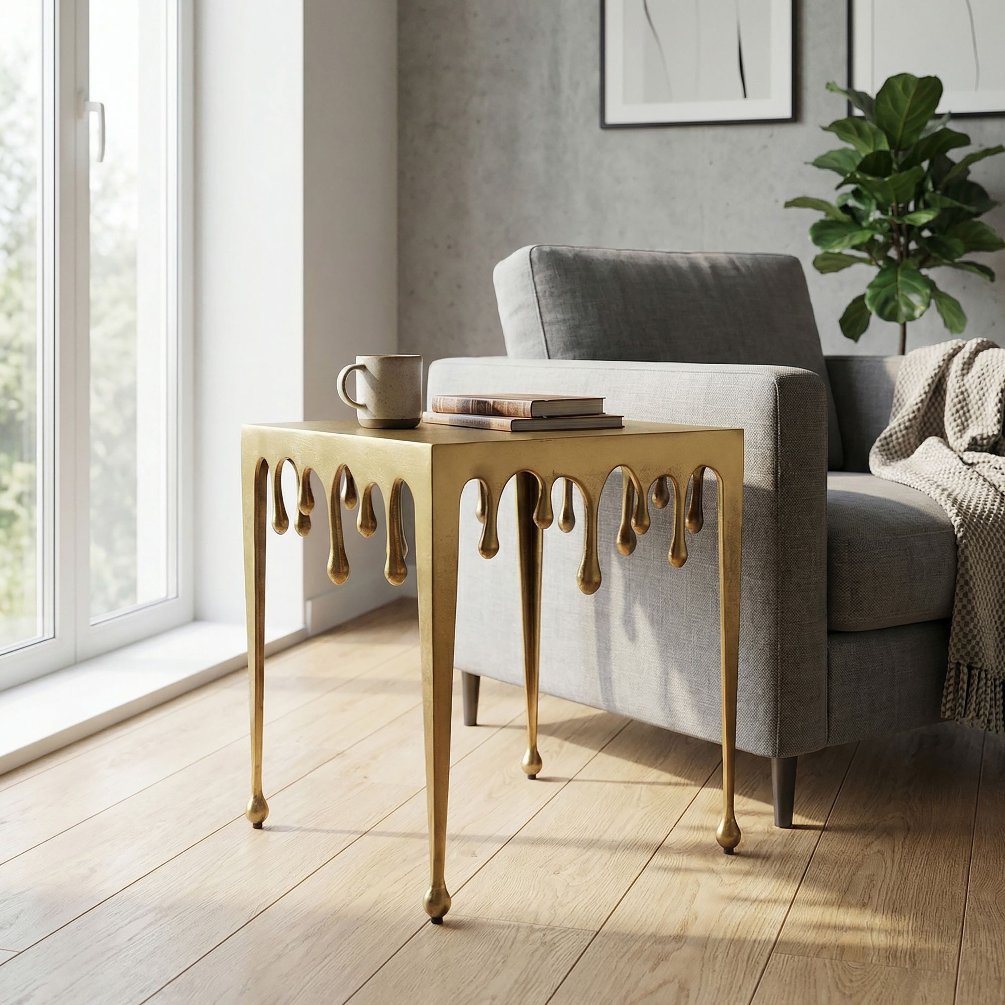 FINEBUY Beistelltisch FB77618 Anstelltisch Gold Tropfen Tisch Wohnzimmertisch Aluminium (Außergewöhnliche Struktur als Designhighlight), Moderner Wohnakzent mit skulpturaler Form