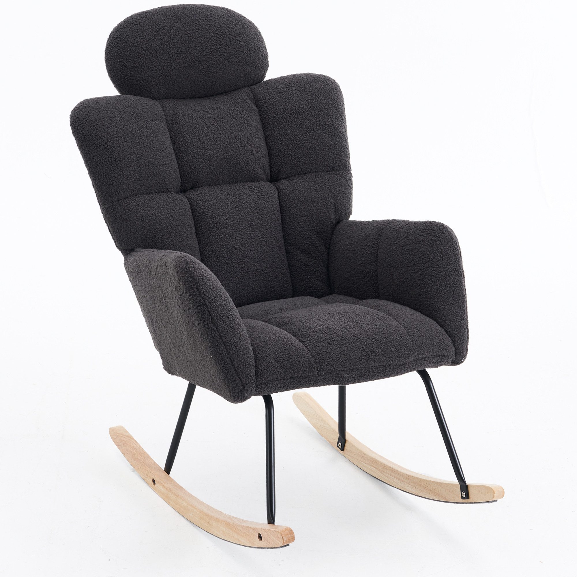 DEKKETO Schaukelstuhl Relaxsessel Stillstuhl mit Kopfstütze, Teddystoffbezug, Teddystoff (1 St), Holzgestell Lesesessel für Wohnzimmer, Bequemer Entspannungssessel