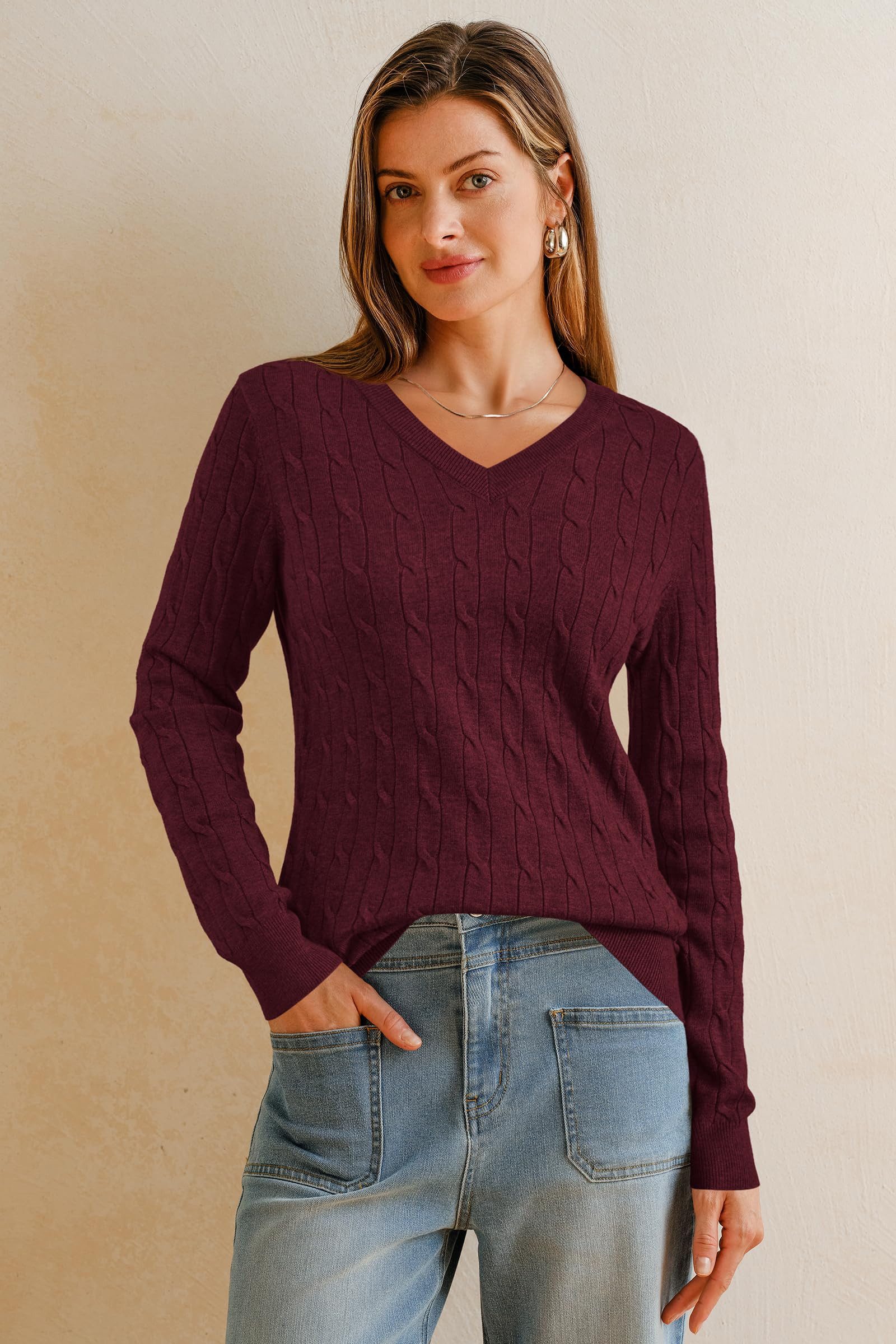 Arach&Cloz Strickpullover Damen Pullover aus Wollmischung Longpullover Strickpullover V-Ausschnitt Volltonfarbe Wollpullover Business und Freizeit Outfits