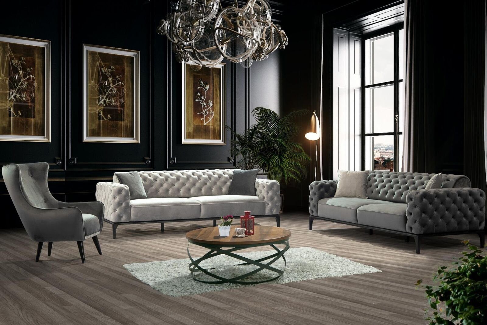 Teile, 1 Dreisitzer Sofa 3 Chesterfield, Made JVmoebel Wohnzimmer Sofa Stoff Grau Sitzer Sofas Europe in