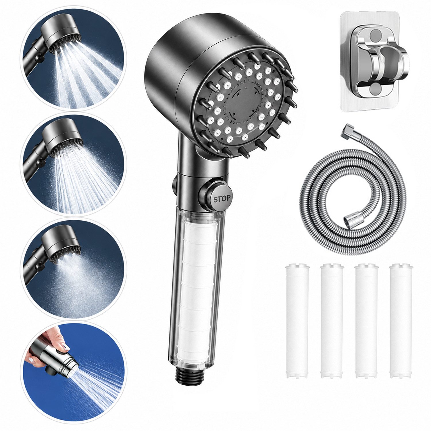 BOOD Handbrause Hochdruck-Duschkopf mit Filter und Ein-Knopf-Stoppfunktion,3 Modi, (Packung, Montage erforderlich), Packungsinhalt Grau2: 1 Handbrause+4 Filterwatten+Haken+Schlauch