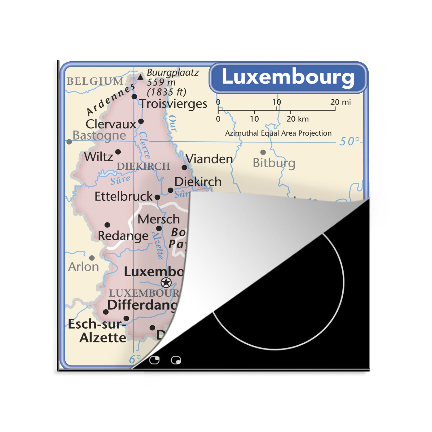 küche Karte mit cm, 78x78 Ceranfeldabdeckung, (1 Vinyl, Rand, von Illustration tlg), MuchoWow Herdblende-/Abdeckplatte für Arbeitsplatte einer Luxemburg blauem