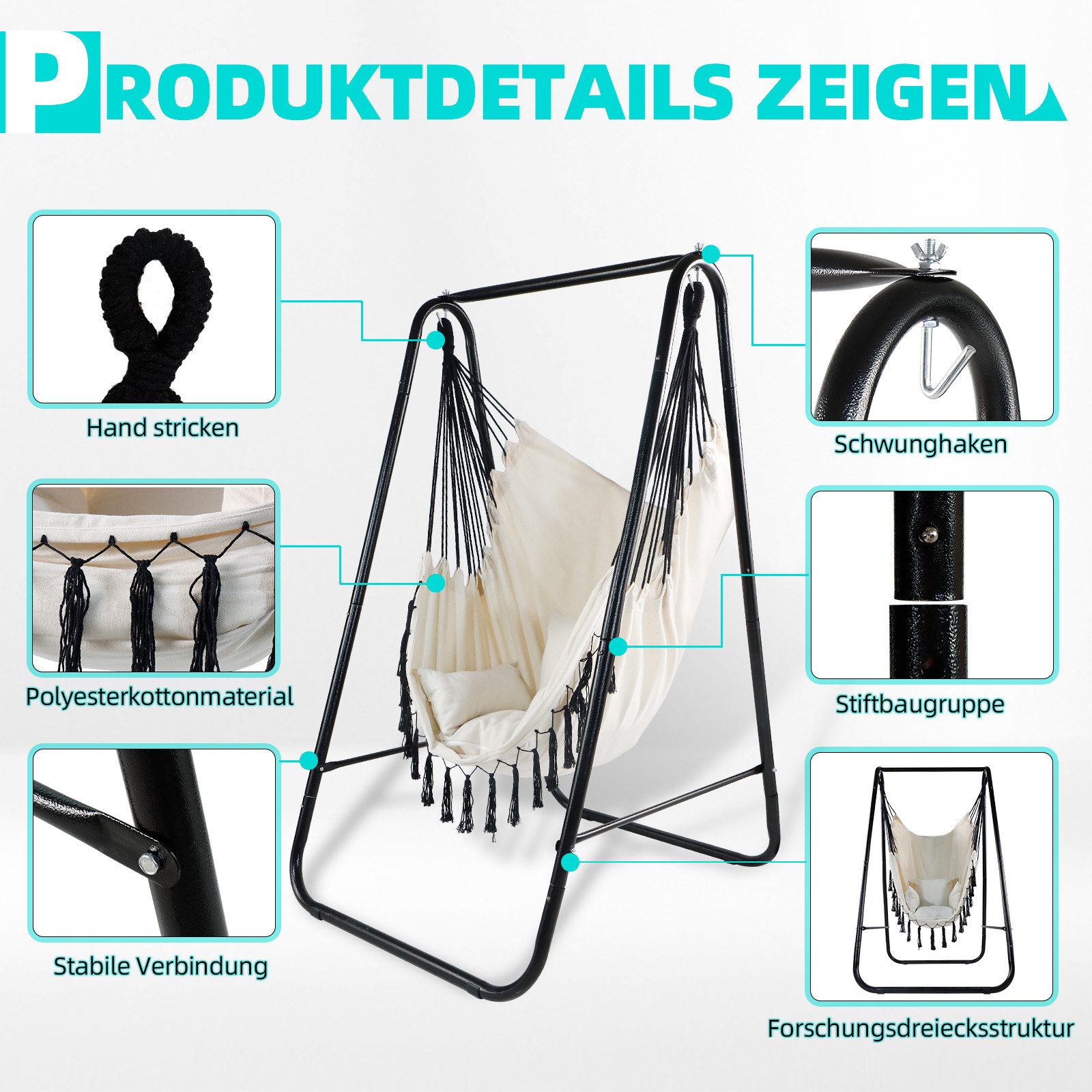 CCLIFE Hängesessel Hängesessel mit Gestell Hängeschaukel Hängestuhl (1er Set mit Gestell), mit gestell – Bild 3 von 5