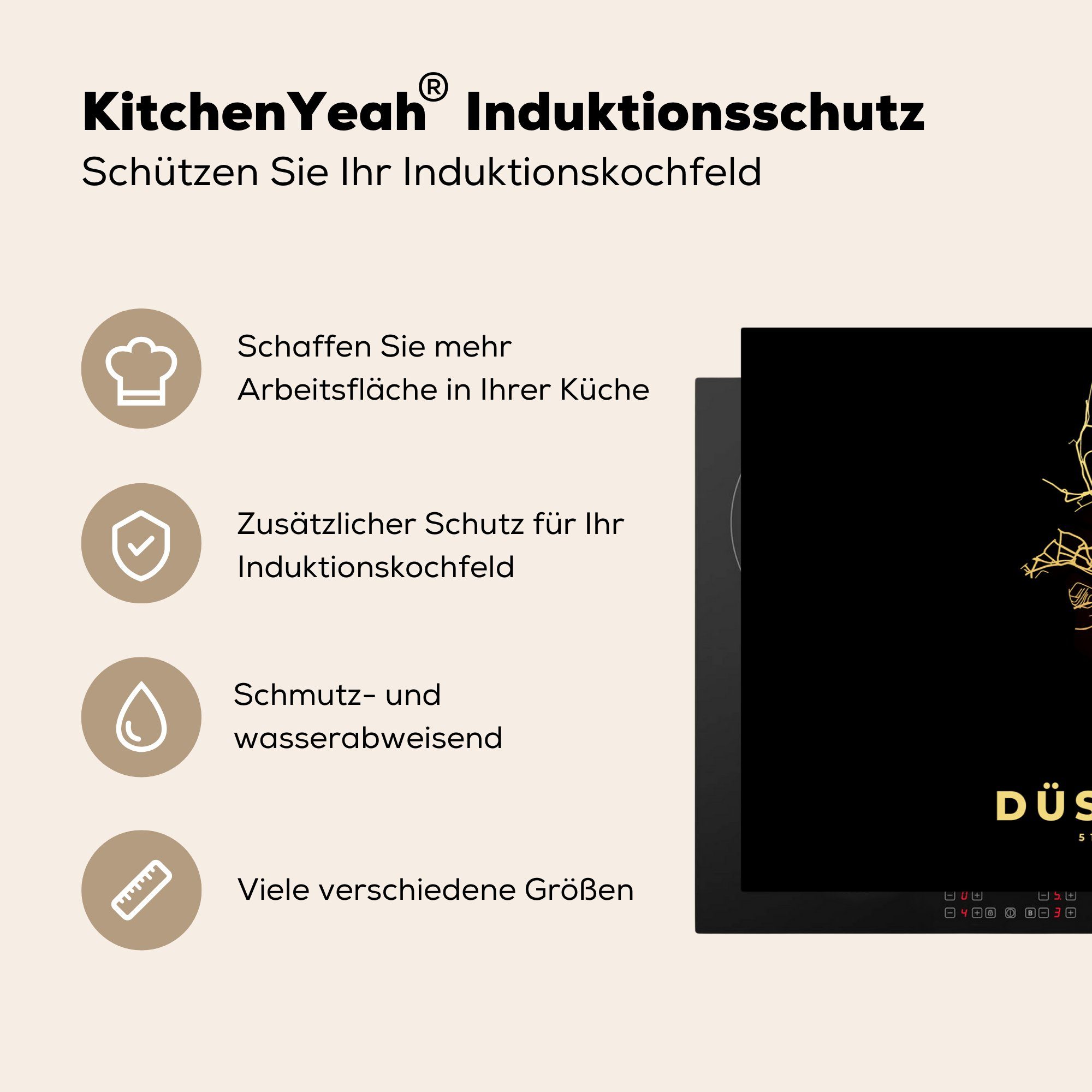 - Herdblende-/Abdeckplatte die - küche, Vinyl, - für Karte Gold - Stadtplan Düsseldorf MuchoWow Induktionskochfeld (1 cm, Wegbeschreibung, Ceranfeldabdeckung 81x52 tlg), Schutz