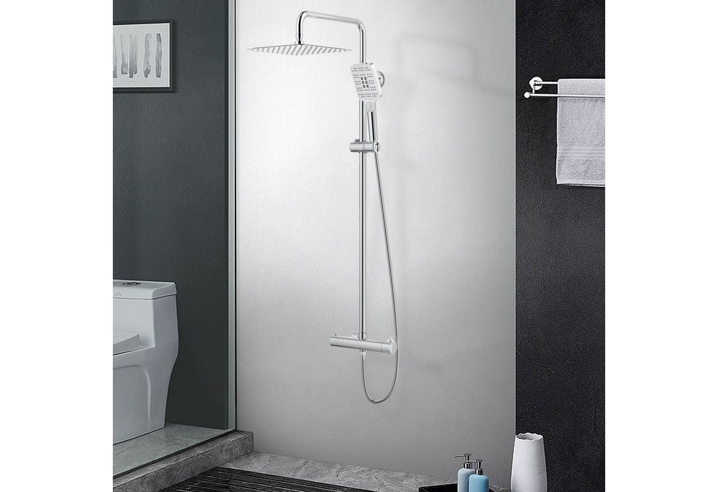 Thumbnail - Rainsworth Duschsystem mit Thermostat, 3 Strahlart(en), komplett-set, 92-126 cm Duschstangen Edelstahl Duschamaturenset ...