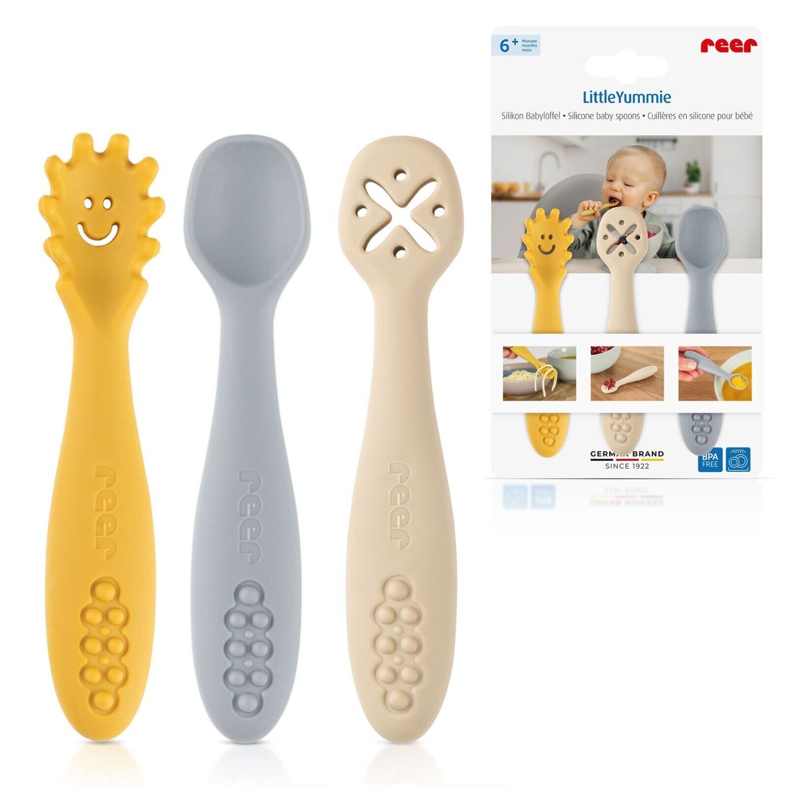 Reer Esslernlöffel LittleYummie Babylöffel 6m+ (3 Stück), aus 100% lebensmittelechtem Silikon