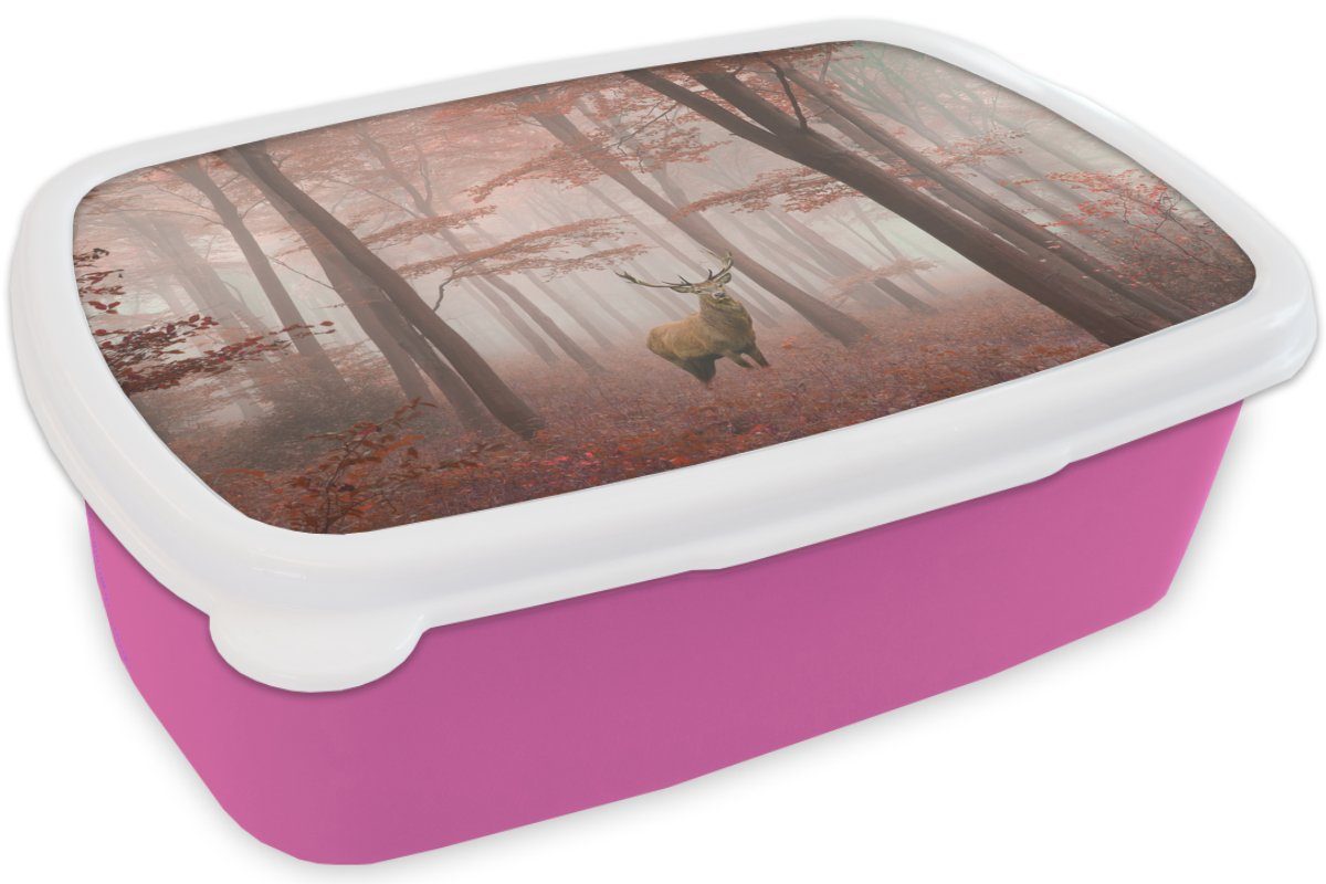 Kunststoff, Lunchbox Herbst, Brotbox MuchoWow (2-tlg), für - Kinder, Hirsche Snackbox, Mädchen, Erwachsene, Rot Brotdose Kunststoff Wald - - rosa