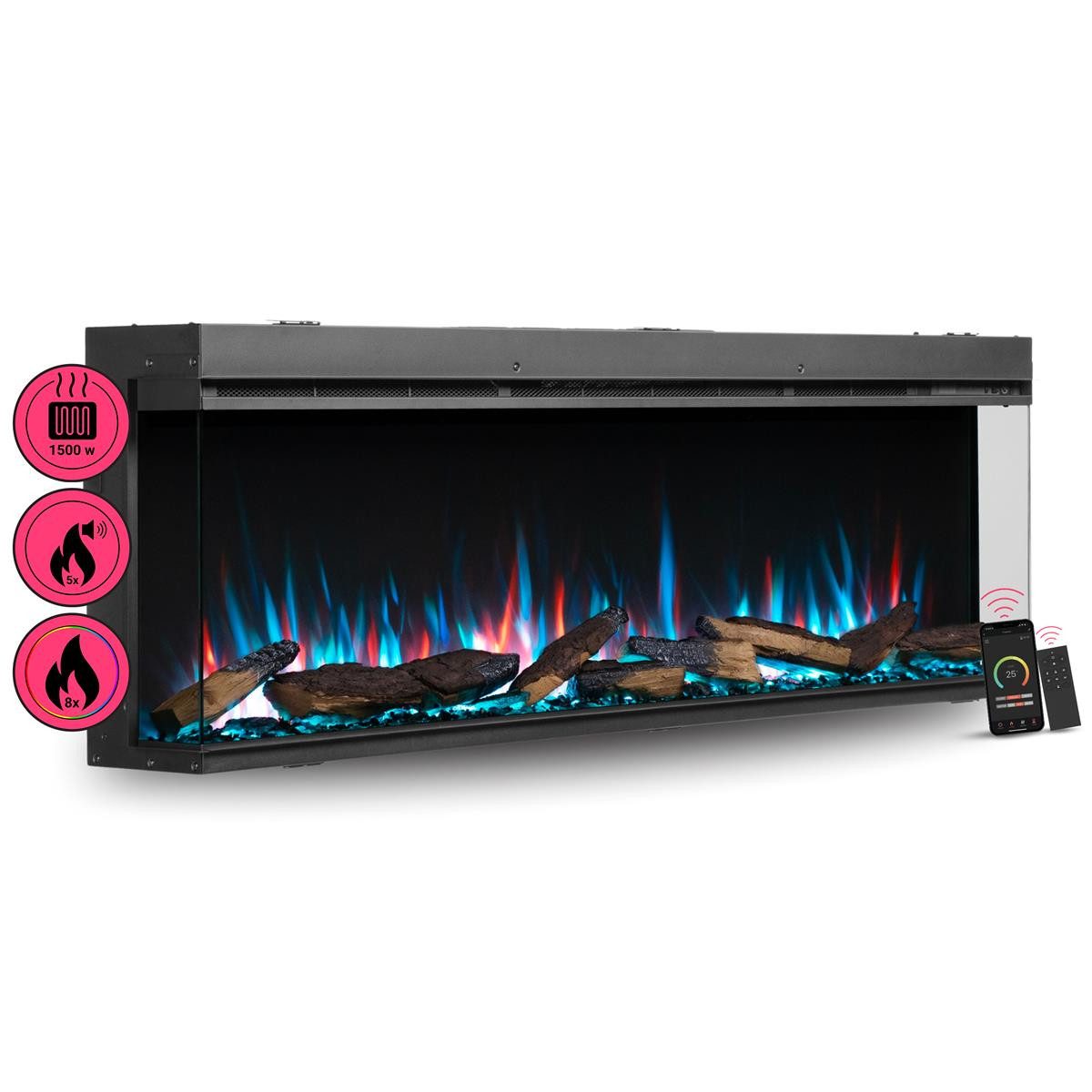 Balderia Elektrokamin Athena 60 Einbaukamin mit Heizung 1500 W, schwarz, Wand- & Einbaukamin 60 Zoll, Heizung 1,5 kW, App, Schwarz