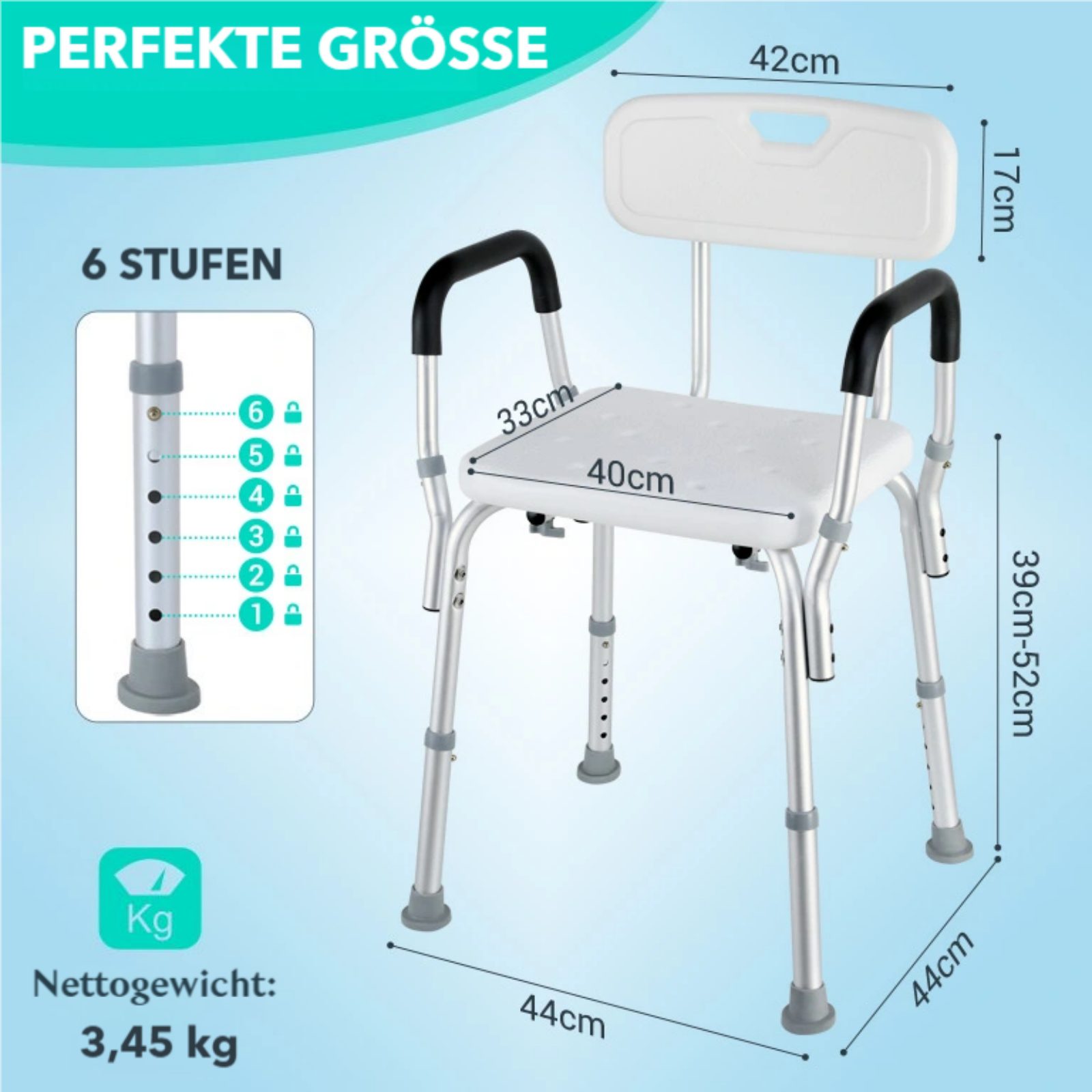 TLGREEN Duschstuhl mit Abnehmbarer Rückenlehne und Armlehne, 6-stufige Verstellung(39-52 cm),Sicher duschen für Senioren & Menschen