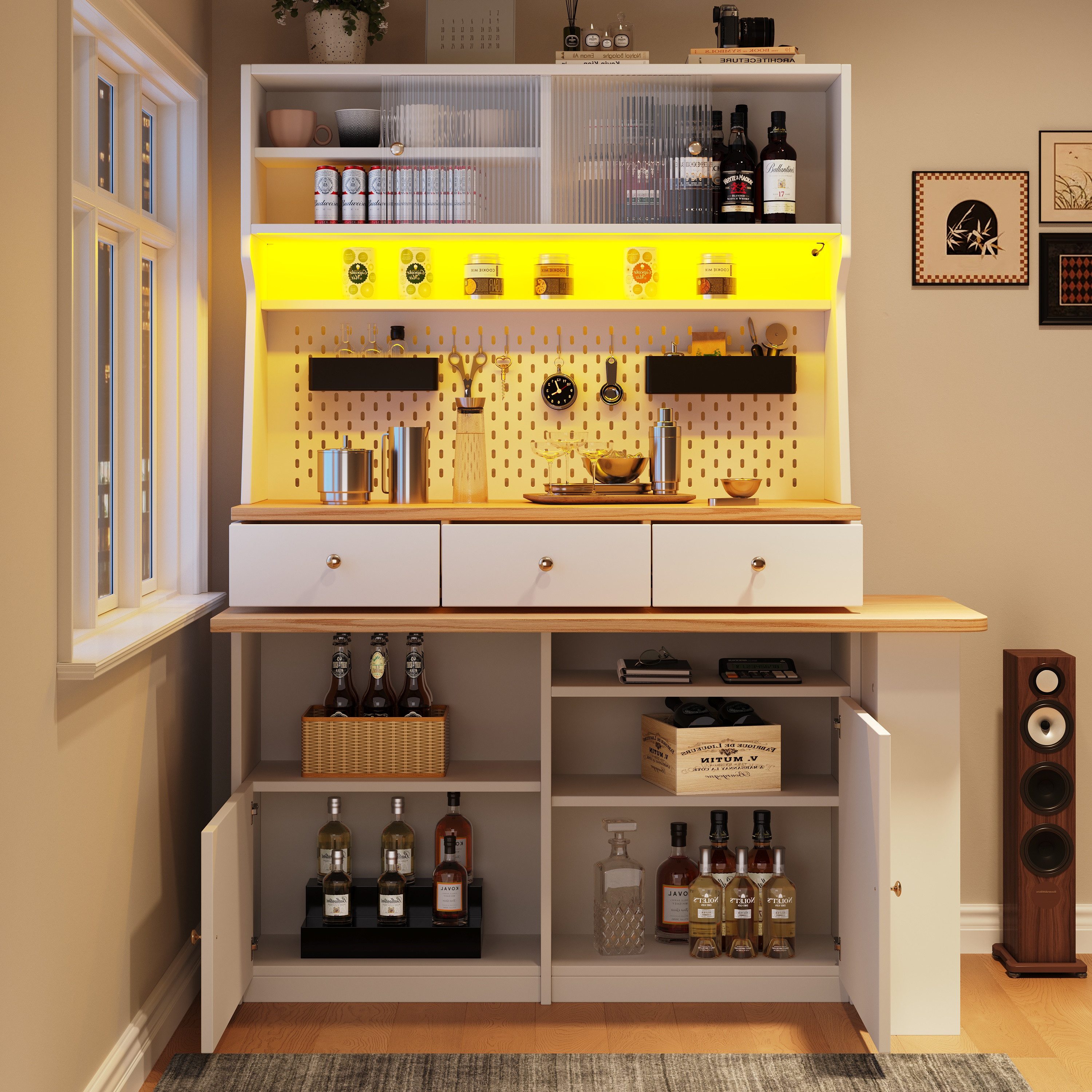 Flieks Buffet Küchenschrank Küchenbuffet mit 360° drehbar Esstisch (Buffetmaße: 119,2x44,8x177,7 cm, Tischplattemaße: 137x59 cm, 2-St., mit Acryl-Schiebetür und – Bild 3 von 5