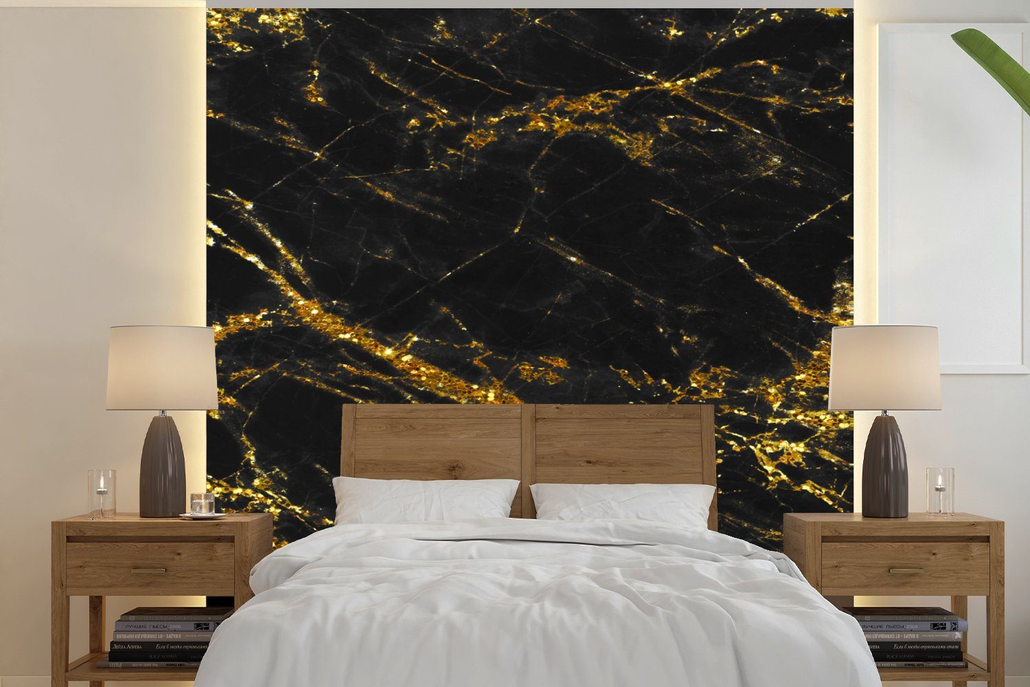 St), Küche, für - Fototapete Schwarz Gold Marmor Matt, Vliestapete (4 - Schlafzimmer bedruckt, Luxus, MuchoWow Wohnzimmer - Fototapete