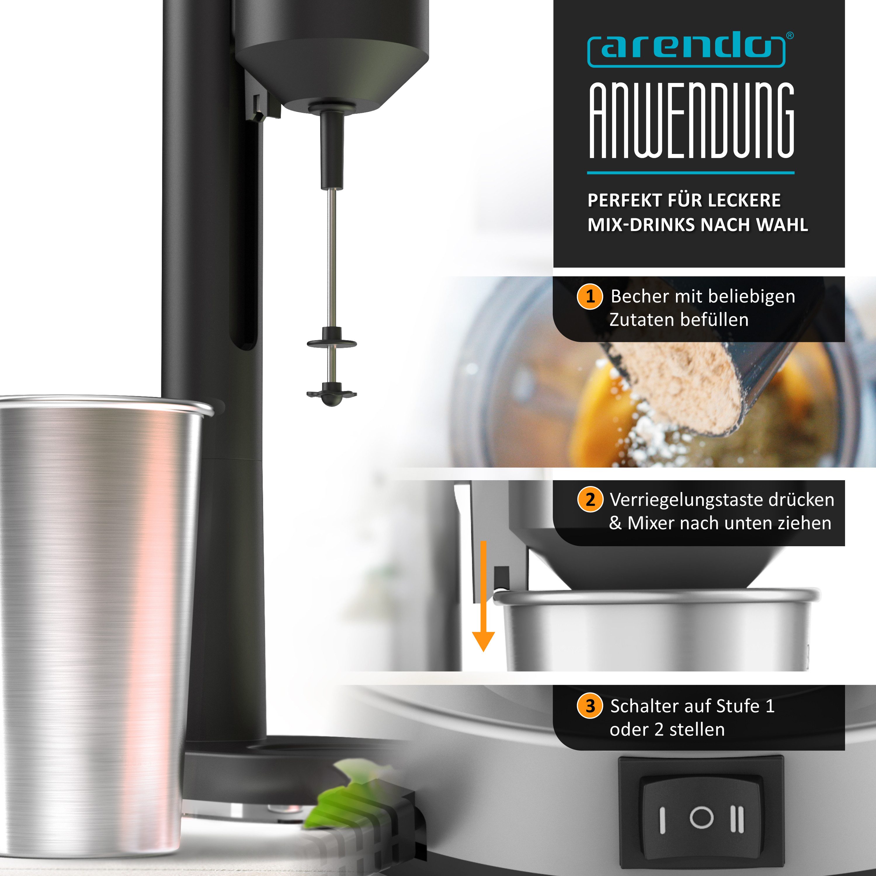 Arendo Standmixer Elektrischer Getränkemixer, 22.000 U/min, schwarz, 2 Stufen Doppelstab, 100 W, Milkshakes, Smoothies, Cocktails, Eiweißshaker, spülmaschinenfe – Bild 4 von 5