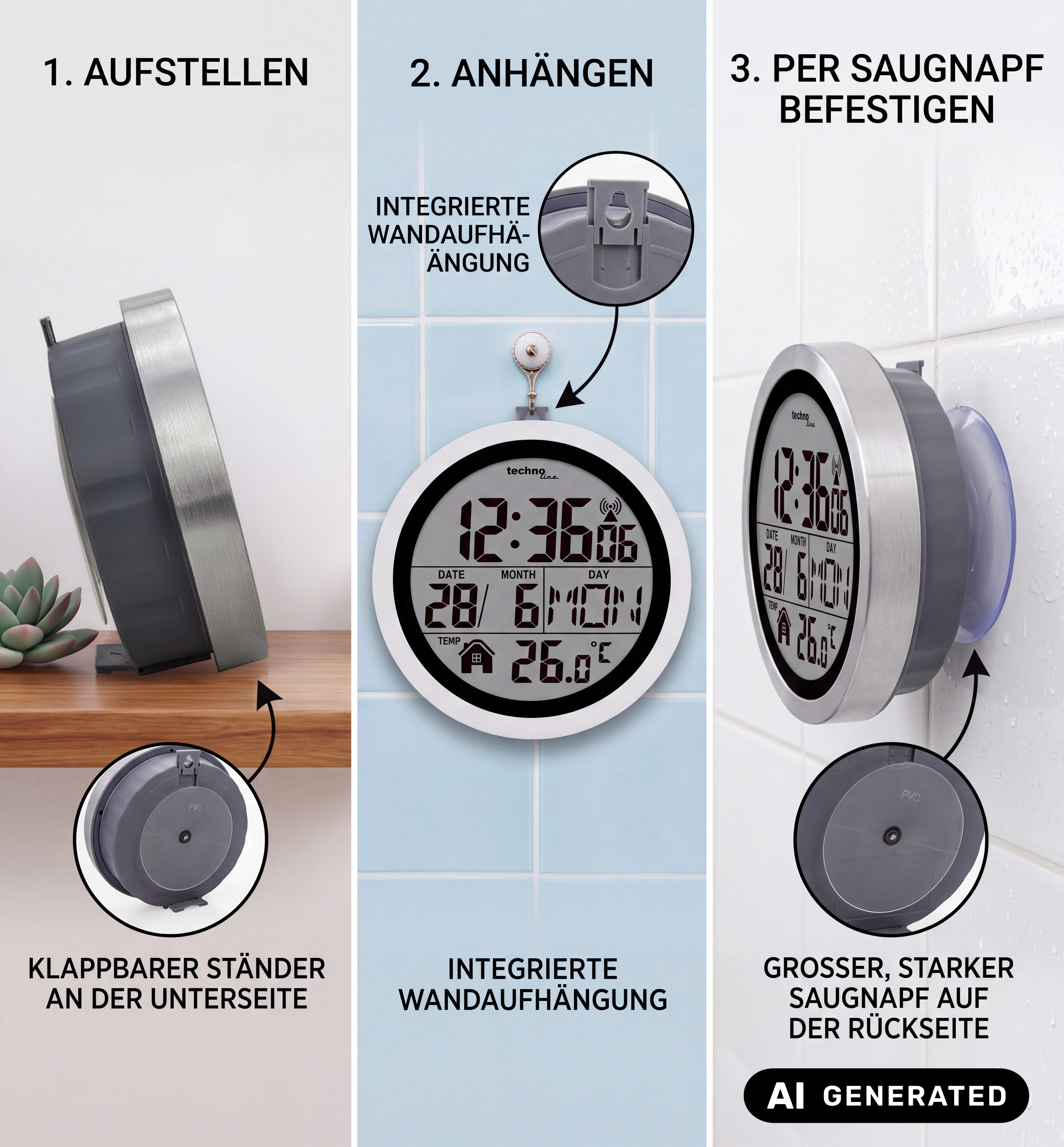 technoline Badezimmeruhr WT 3005 (mit Saugnäpfen zur einfachen Montage)