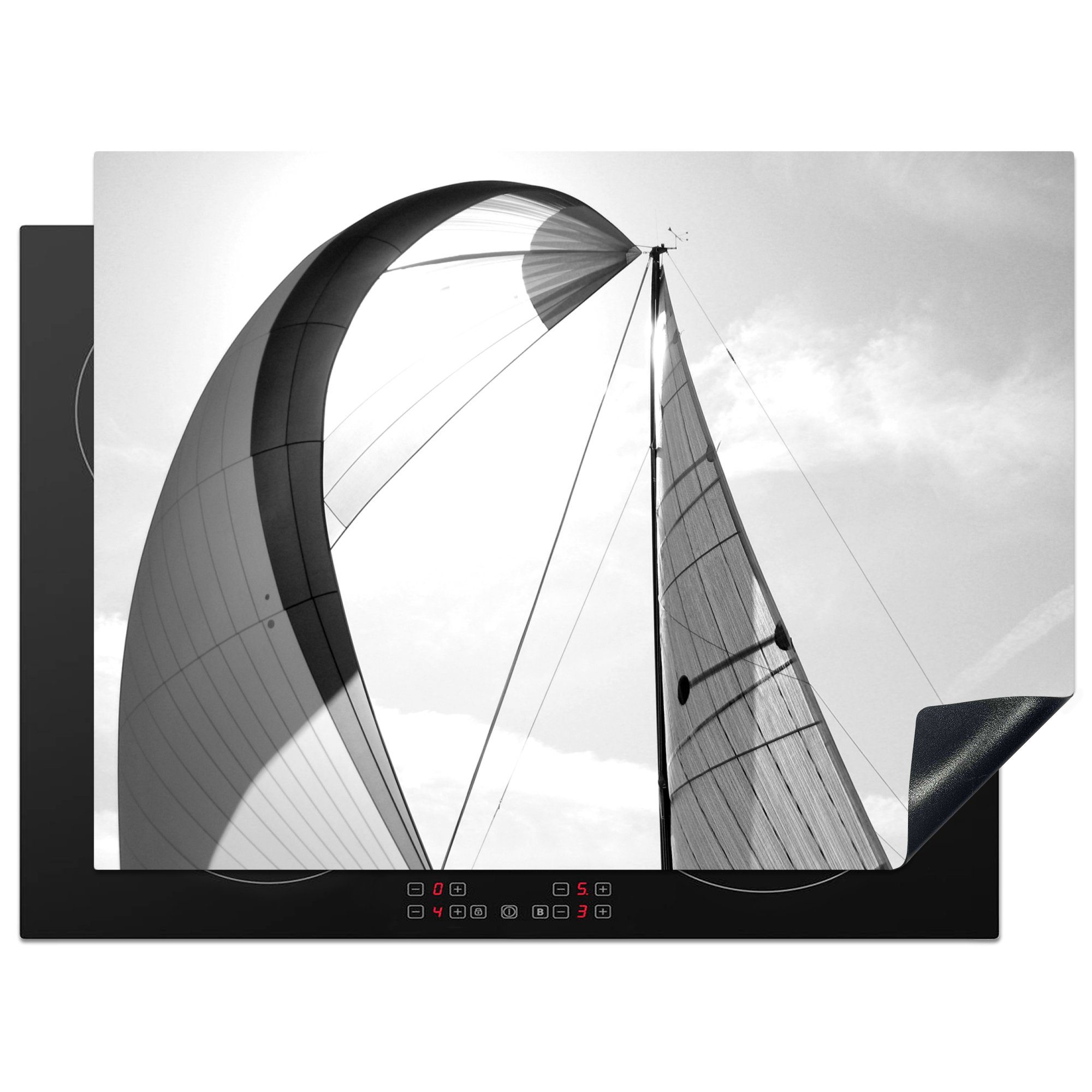 MuchoWow Herdblende-/Abdeckplatte eines Ceranfeldabdeckung Segelbootes tlg), schwarz nutzbar, (1 weiß, Vinyl, 70x52 cm, Mobile Arbeitsfläche Segel und 