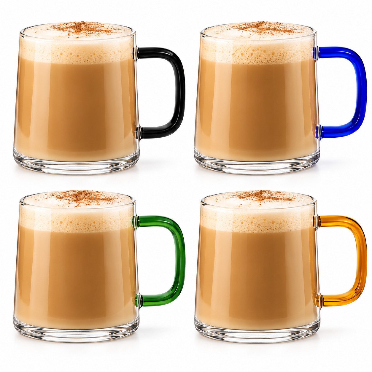 Sendez Cappuccinotasse mit farbigen Henkeln Kaffeegläser Teegläser Trinkgläser, 4-tlg., Borosilikatglas