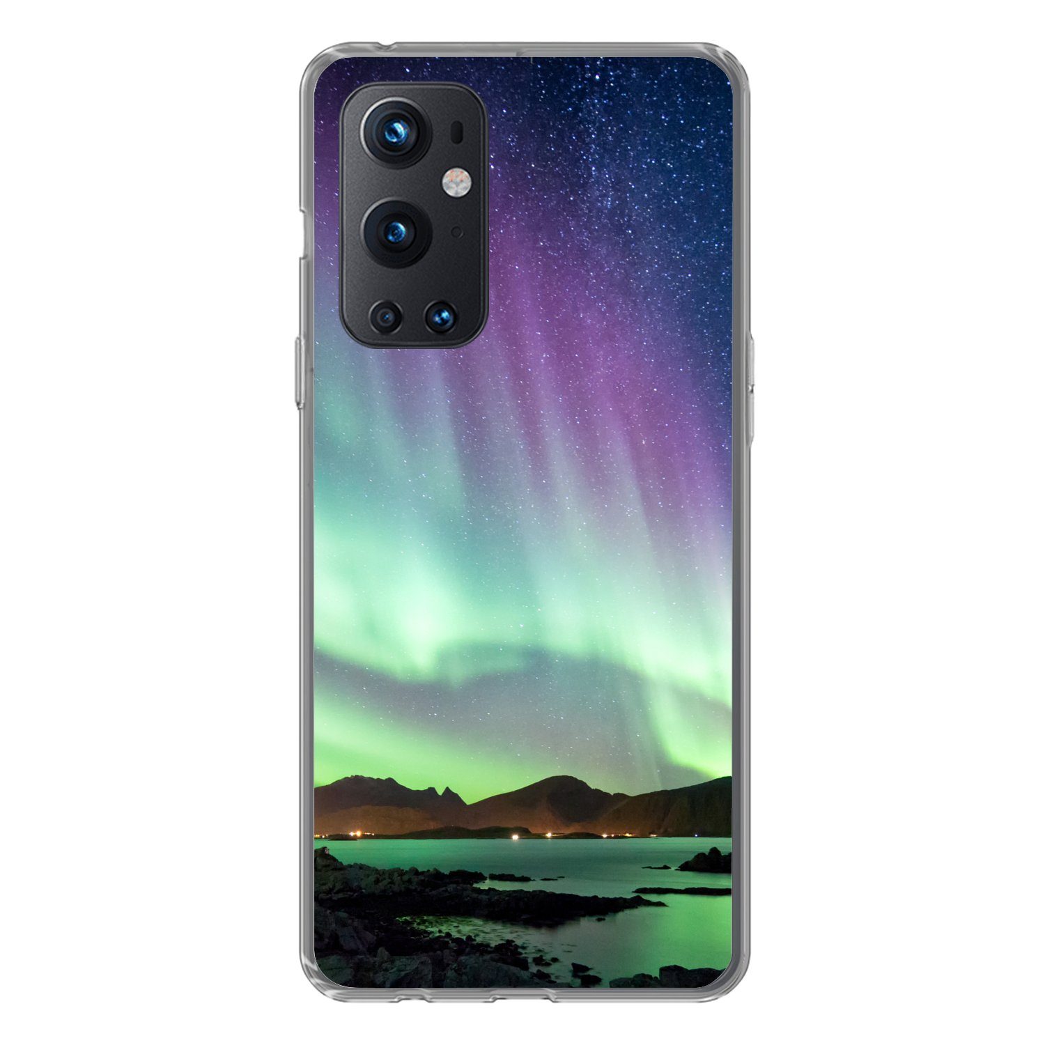 MuchoWow Handyhülle für OnePlus 9 Pro Nordlicht - Grün - Lila - Sternenhimmel - See - Berg, Phone Case, Silikon, Schutzhülle Dünn