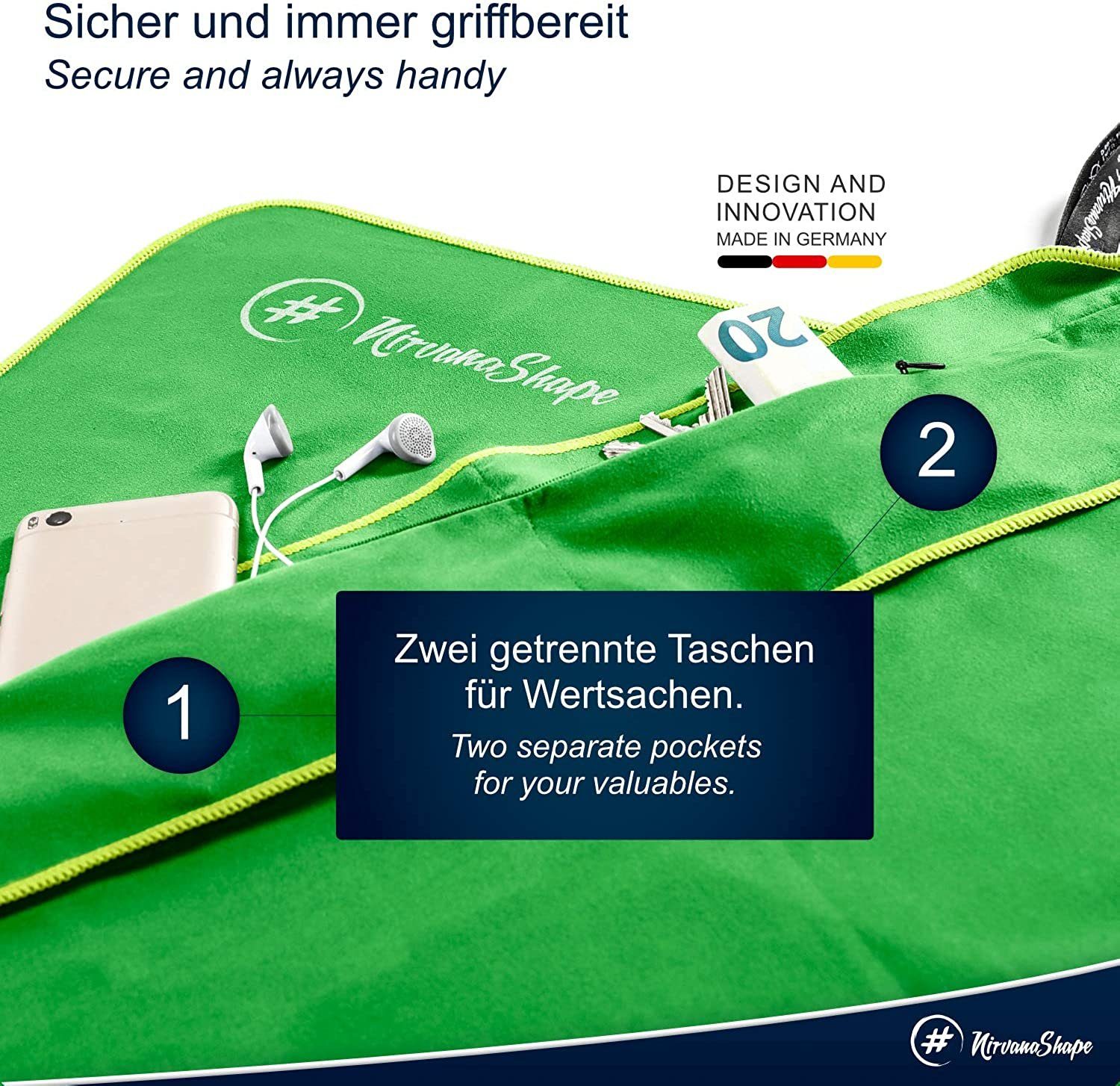 Magnet-Clip, & / Sporthandtuch Fitness-Handtuch Microfaser, Sporthandtuch, Grün Ultra-Saugfähig 2x NirvanaShape Reißverschlusstaschen Geräteüberzug, mit Grüner Rand Mikrofaser Funktionaler