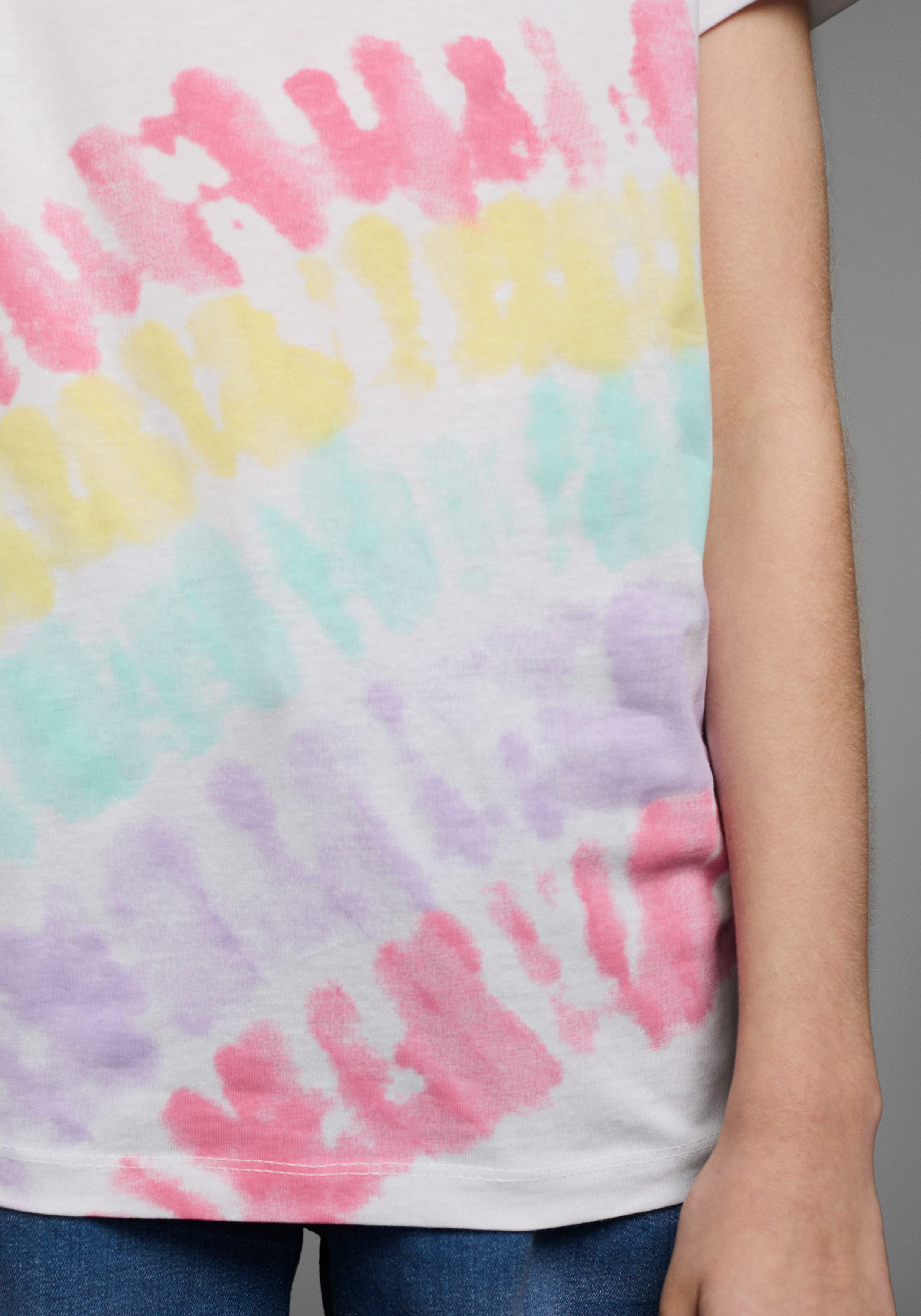 KIDSWORLD T-Shirt Shirt mit Regenbogen-Print Kurzarm, hüftlang geschnitten, bedruckt, Rundhals-Ausschnitt