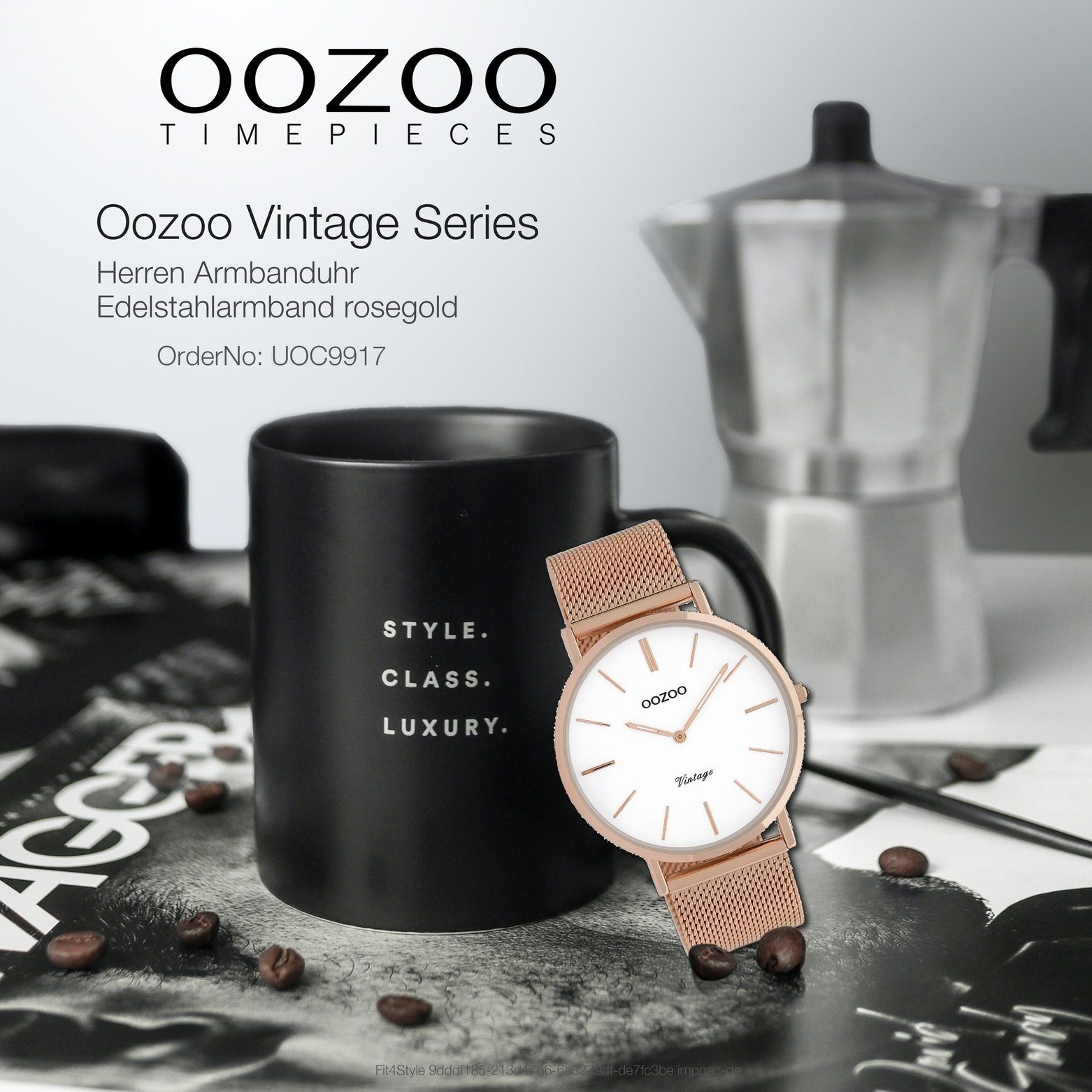 OOZOO (ca. 40mm) Oozoo rosegold, Herrenuhr Fashion-Style rund, Herren-Uhr groß Quarzuhr Edelstahlarmband,