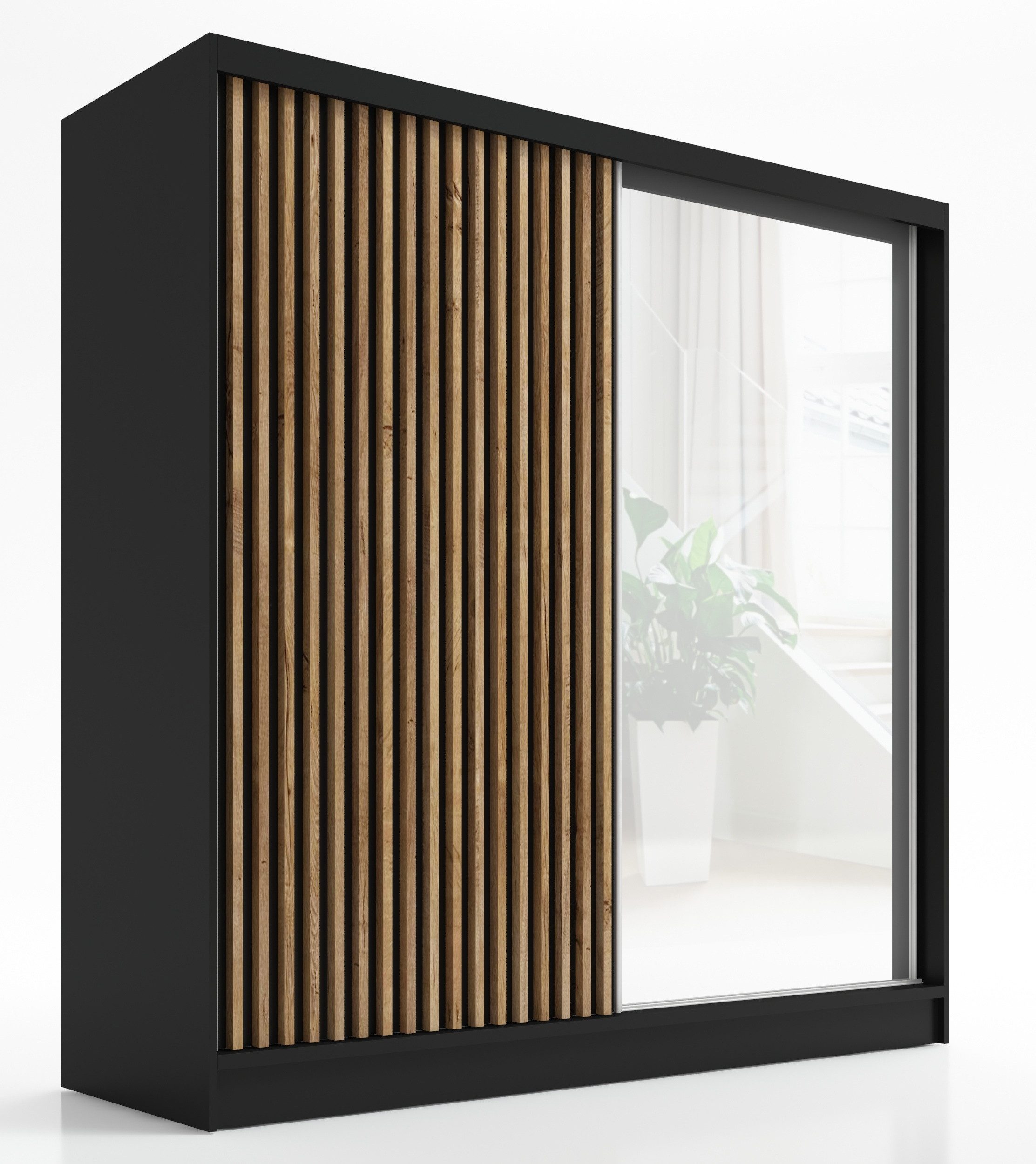 A&J MöbelLand GmbH Schiebetürenschrank LUNO 2-türiger Kleiderschrank mit Spiegel, Lamellen. (TOP ANGEBOT! Geräumiger Schrank mit einer Breite von 200 cm und Spiegel, ideal zur Aufbewahrung von Kleidung und Accessoires. TOP PRODUKT! Wählen Sie das ideale M
