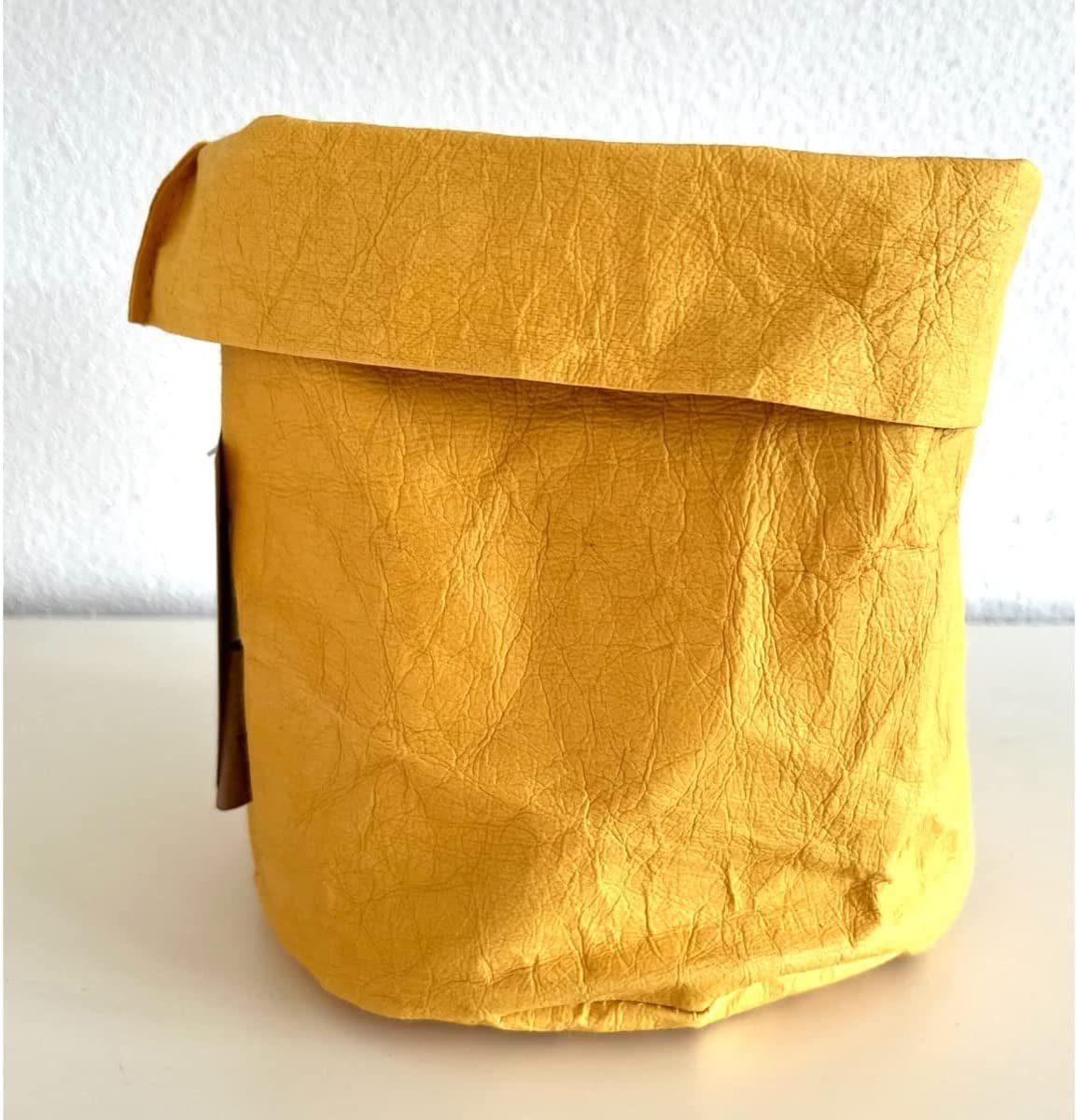 LK Trend & Style Brotkorb Krempelkorb rund aus nachhaltigem waschbarem Papier Lederoptik papyr®, Papyr, sieht aus wie Leder, ist aber NATURMATERIAL AUS ZELLULOSE hergestellt safran/gelb L