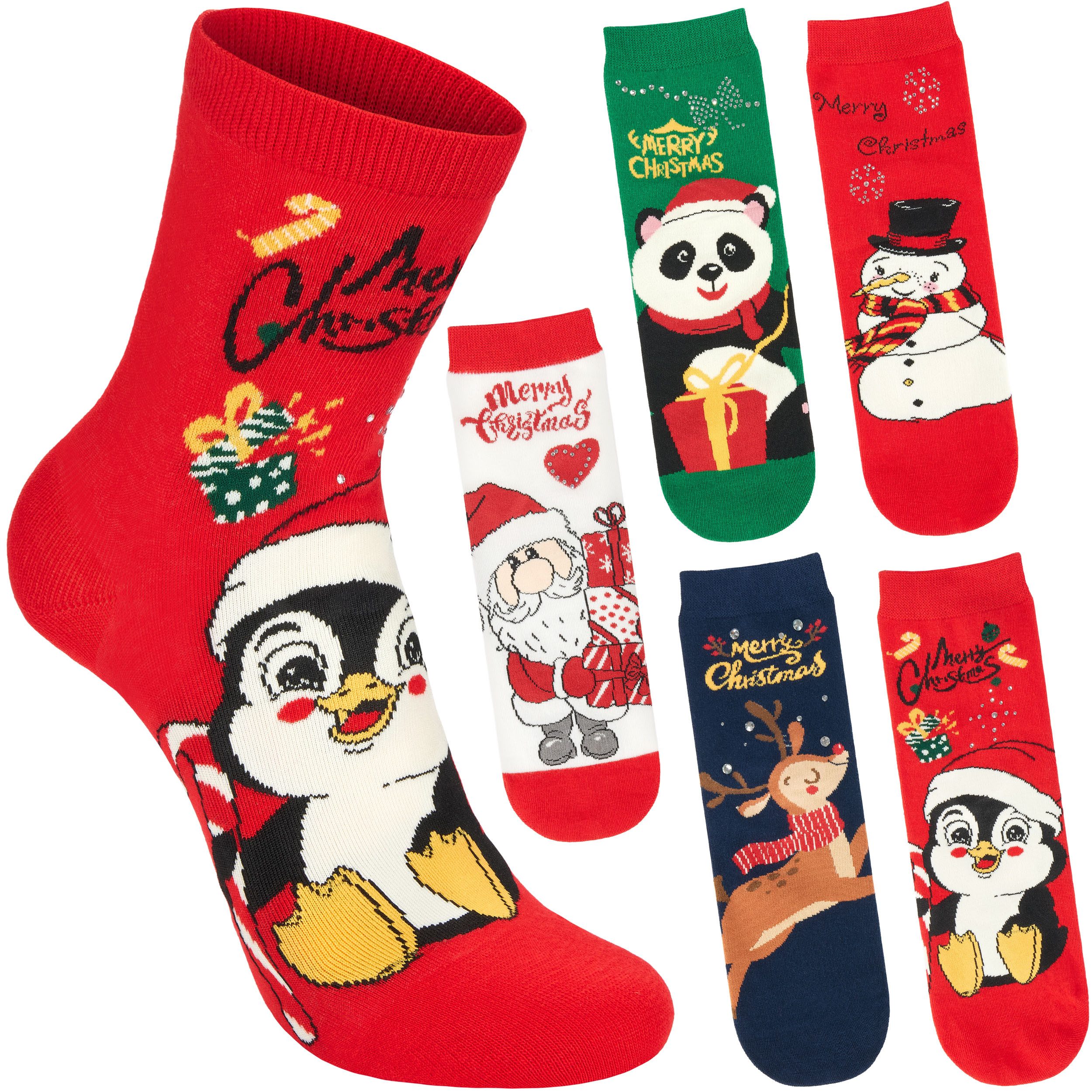Socken Damen Weihnachtssocken - Weihnachtsmann, Schneemann, Pinguin & Panda