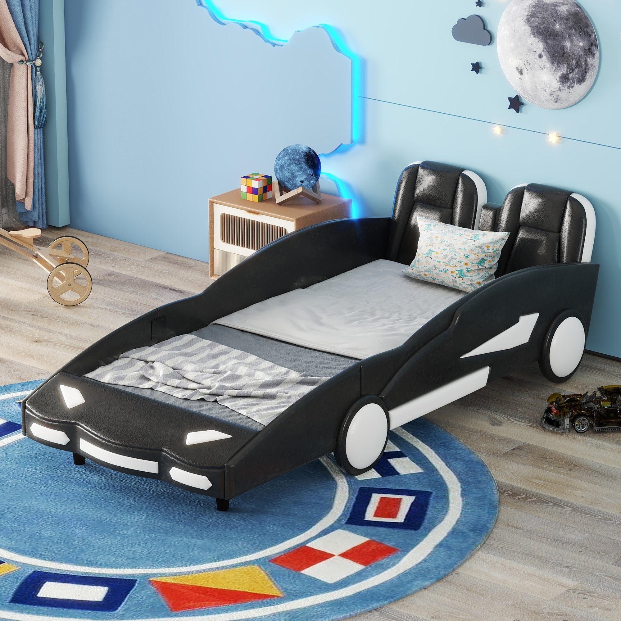 Ulife Autobett Kinderbett Spielbett Flachbett mit Rausfallschutz, 90×200cm, Kunstleder Schwarz | Autobetten