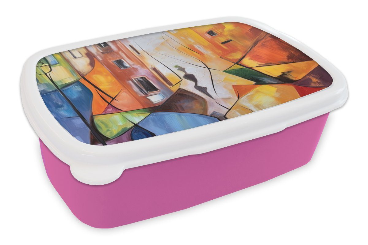 Abstrakt - Mädchen, rosa Kunststoff, Kinder, Erwachsene, Brotdose Brotbox Kunststoff - (2-tlg), - Snackbox, Farben, Lunchbox Malerei Kunst MuchoWow für