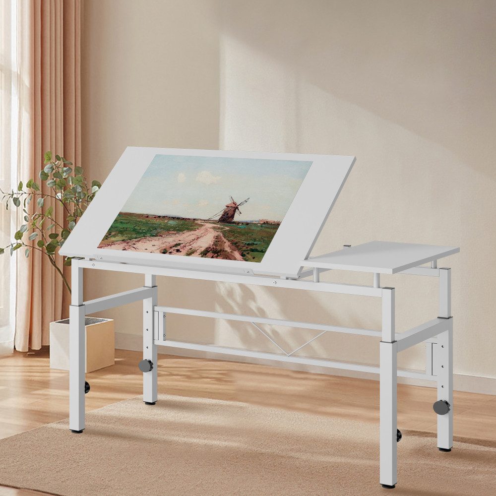 BBWL Zeichentisch höhenverstellbar neigbar Schreibtisch MDF Metall stabil Weiß, Zeichentisch für Büro Studium Atelier multifunktional