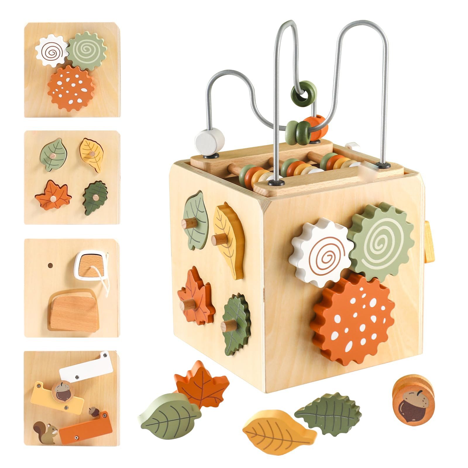 Zaewry Motorikwürfel Montessori Motorikwürfel holzspielzeug Montessori Spielzeug, 6 in 1( Naturholzfarbe Aktivitätswürfel)