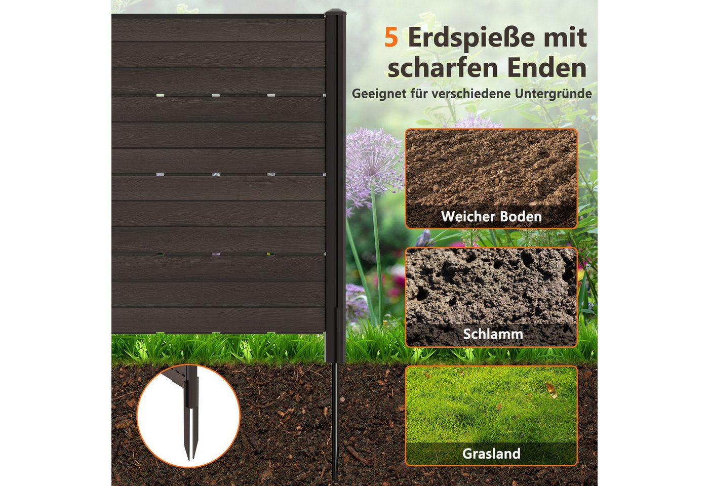 Thumbnail - KOMFOTTEU Gartenzaun, Sichtschutzzaun mit Schutzkappen & 5 Erdspießen