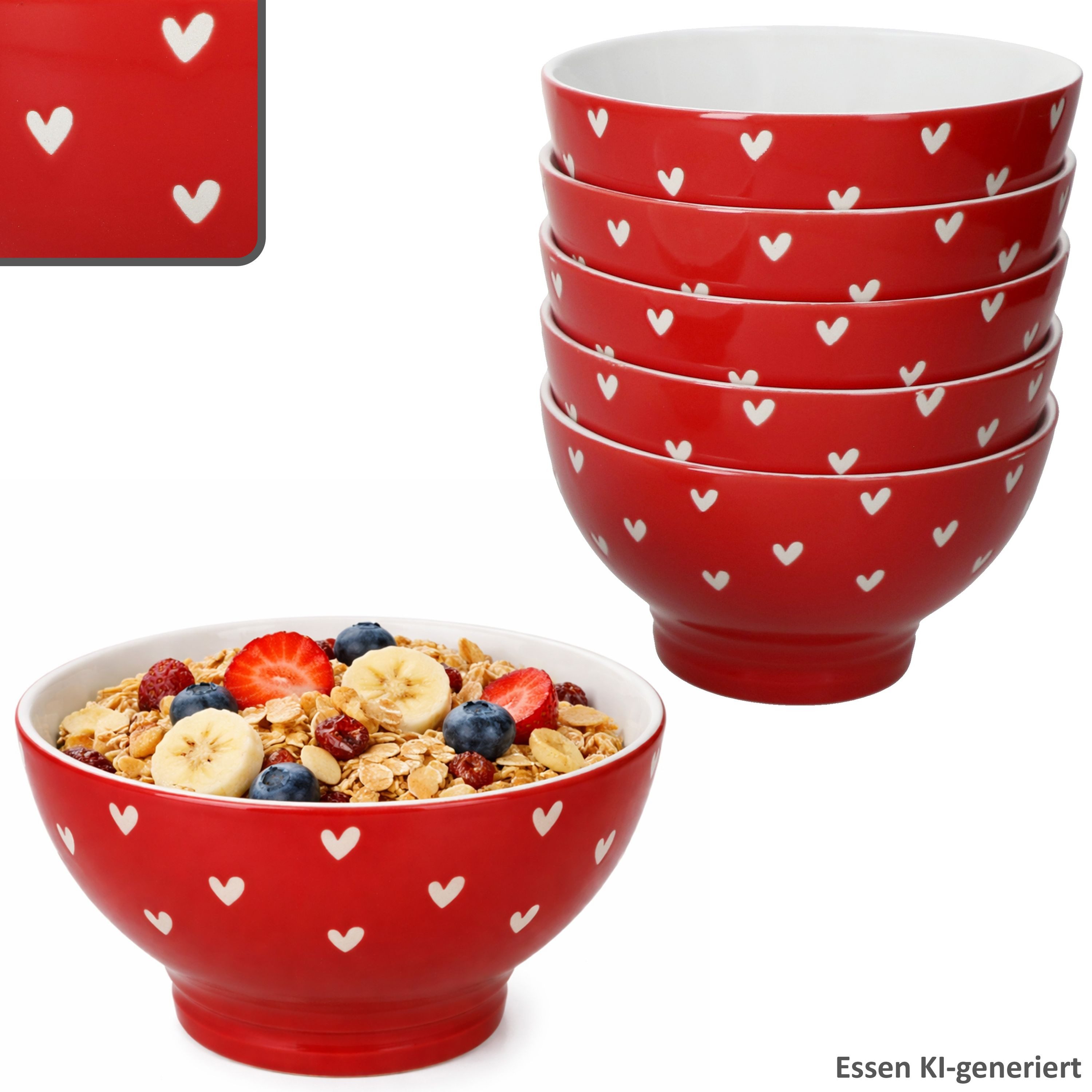MamboCat Müslischale MamboCat 6er Set Love Müslischalen Porzellan rot weiße Herzen 300ml, Porzellan