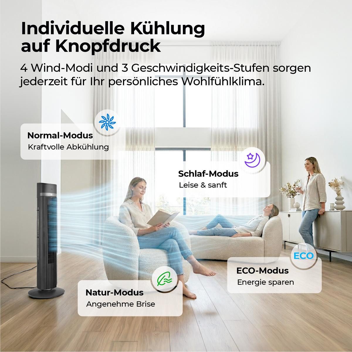 AECO Turmventilator aeco AirX ZEN Trumventilator, 85-90° Oszillation,15hTimer,100% Kupfermotor,Fernbedienung,Tragegriff