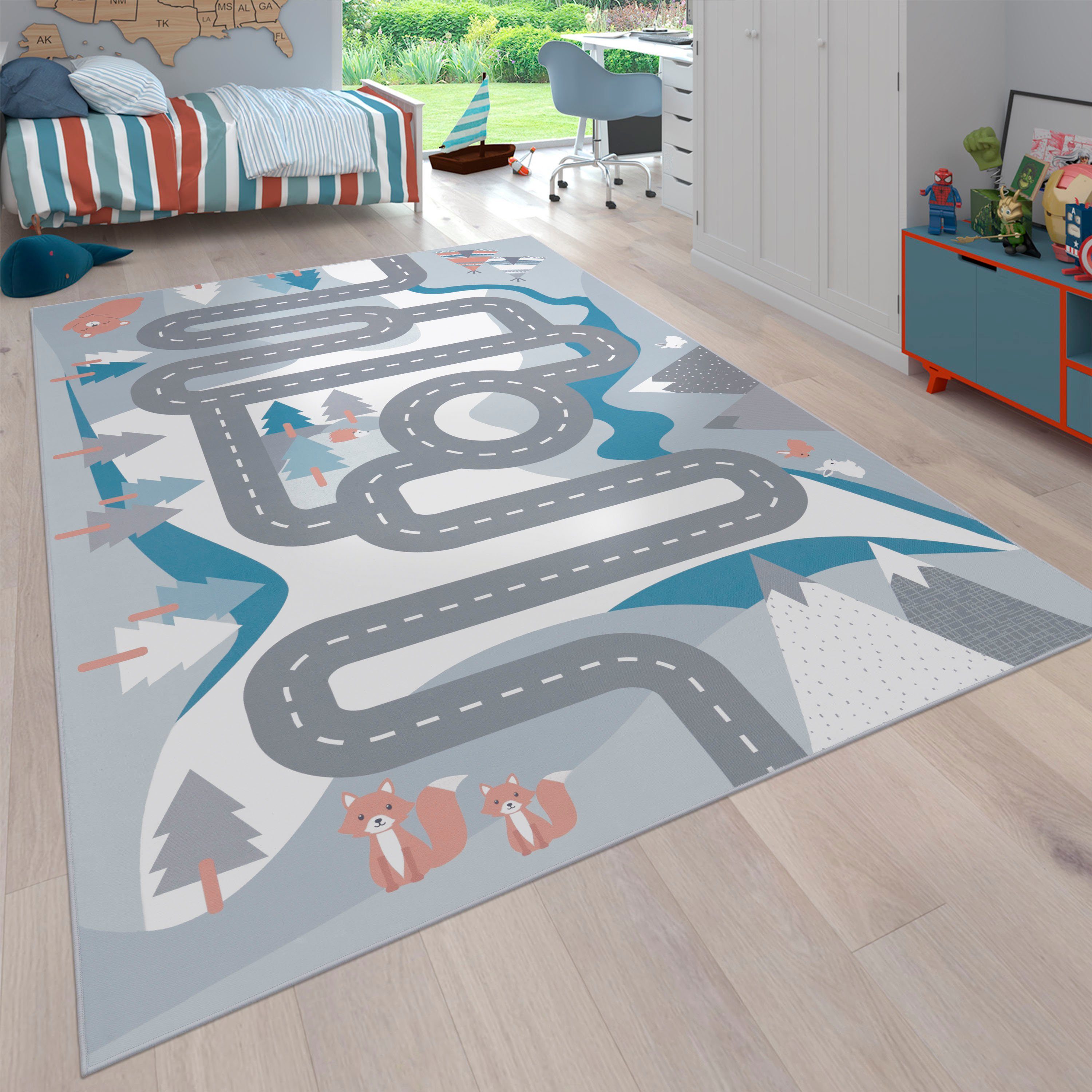 Paco Home Kinderteppich Bino 574, rechteckig, Höhe: 4 mm, Kurzflor, Straßen-Spiel-Teppich, Tippis & Wald, Kinderzimmer