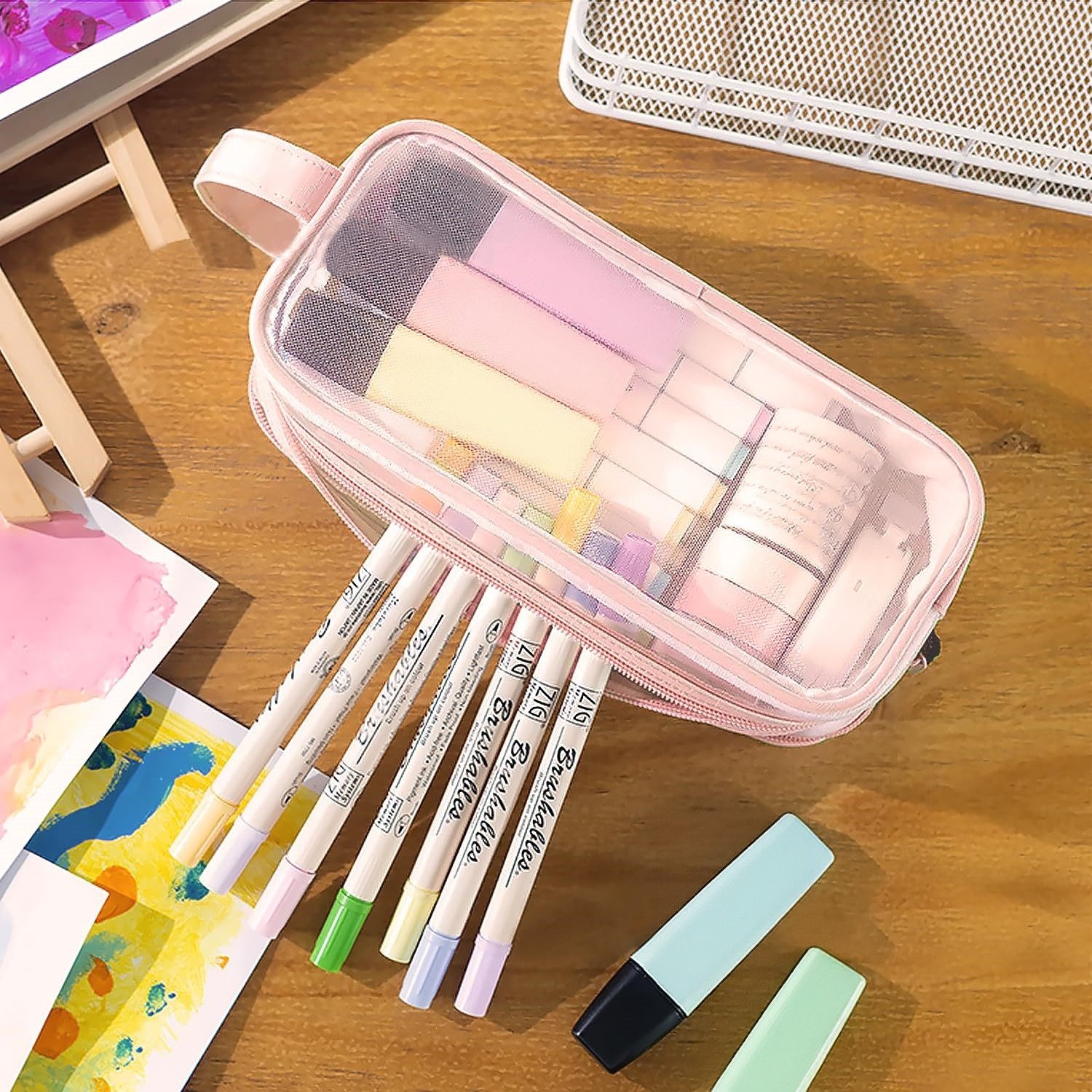FOUORTUNATE-BEE Federmäppchen Transparentes Federmäppchen XXL 2 Fächer Stifteetui mit Griff, Für Schule Büro Reise Kosmetik Zubehör Organizer Transparent Tasche