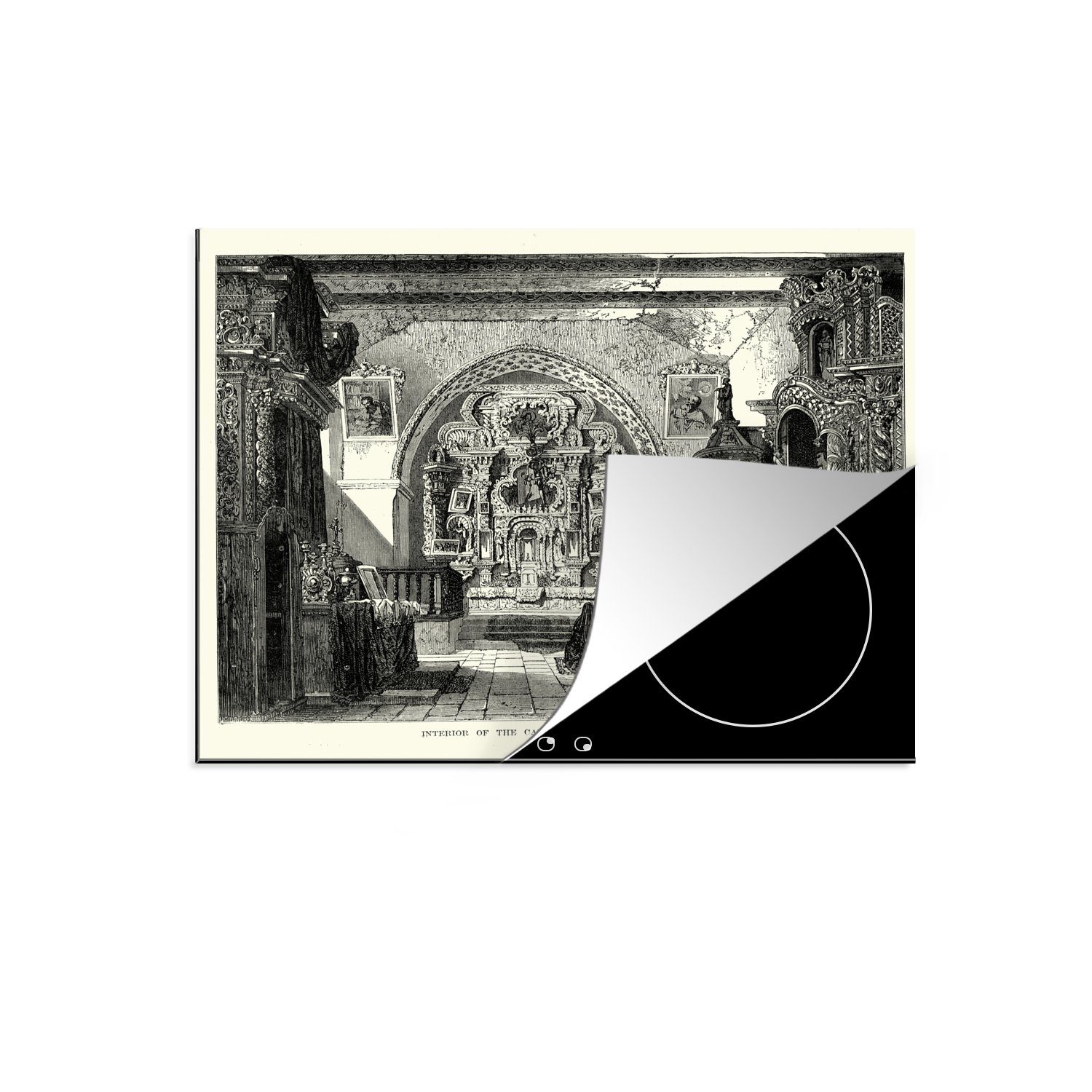 MuchoWow Herdblende-/Abdeckplatte Schwarz-Weiß-Abbildung der Kathedrale in Quito, Ecuador, Vinyl, (1 tlg), 60x52 cm, Mobile Arbeitsfläche nutzbar, Ceranfeldabdeckung